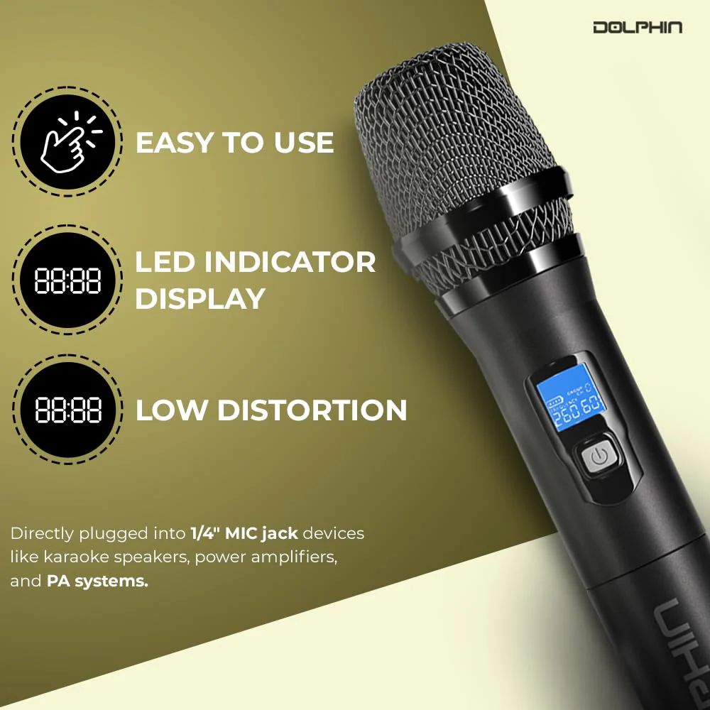 Dolphin PartyMic 20: Professional Wireless Microphone System – Dual Handheld Dynamic Mics with Rechargeable Receiver (Set of 2) - Image 3