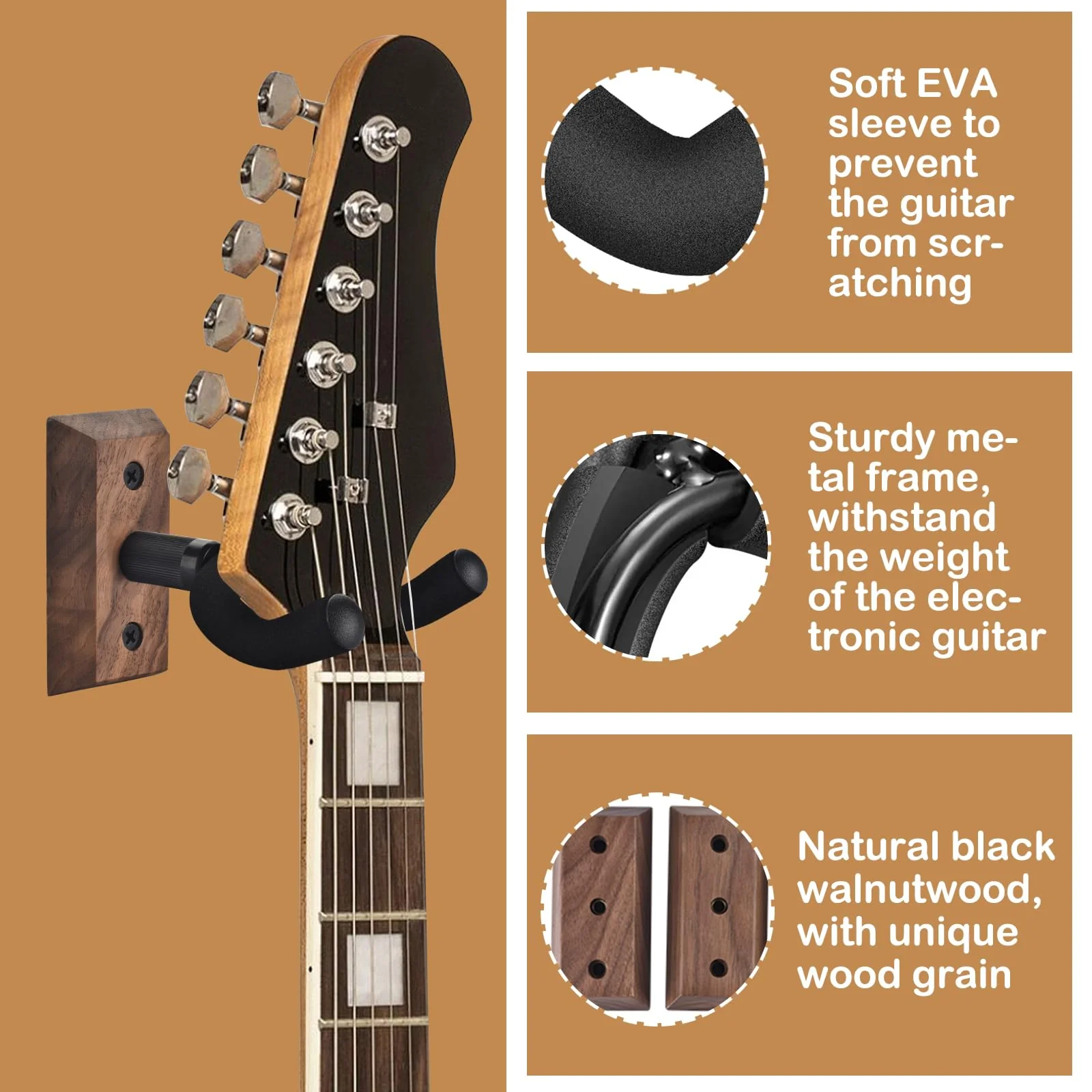 DOMMI Guitar Wall Mount 3 Pack, Wooden Guitar Hanger, Guitar Accessories Guitar Holder with Soft U-Shaped Guitar Hook, Guitar Wall Hangers for Acoustic Guitar, Electric Guitar, Bass, Black Walnut - Image 3