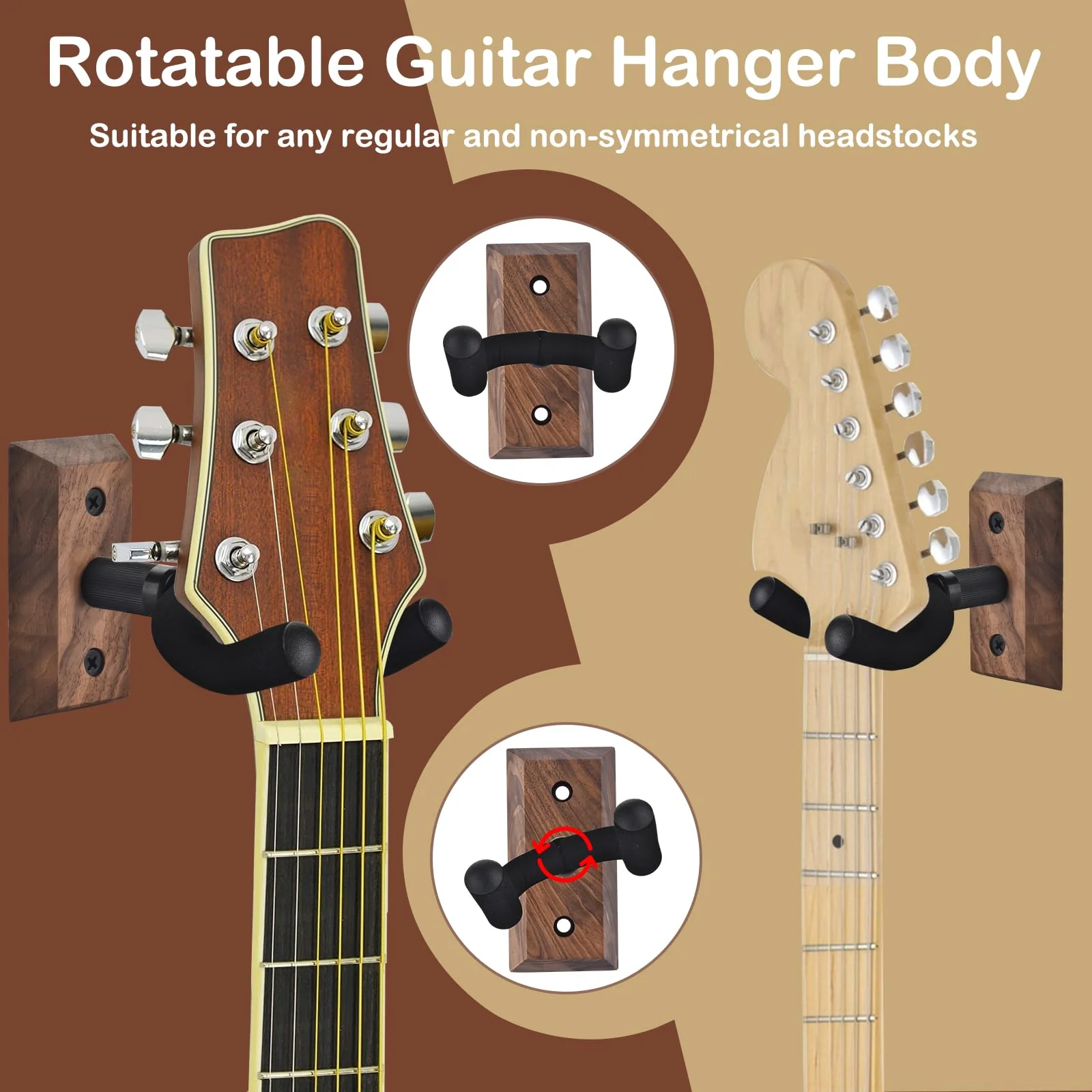 DOMMI Guitar Wall Mount 3 Pack, Wooden Guitar Hanger, Guitar Accessories Guitar Holder with Soft U-Shaped Guitar Hook, Guitar Wall Hangers for Acoustic Guitar, Electric Guitar, Bass, Black Walnut - Image 5