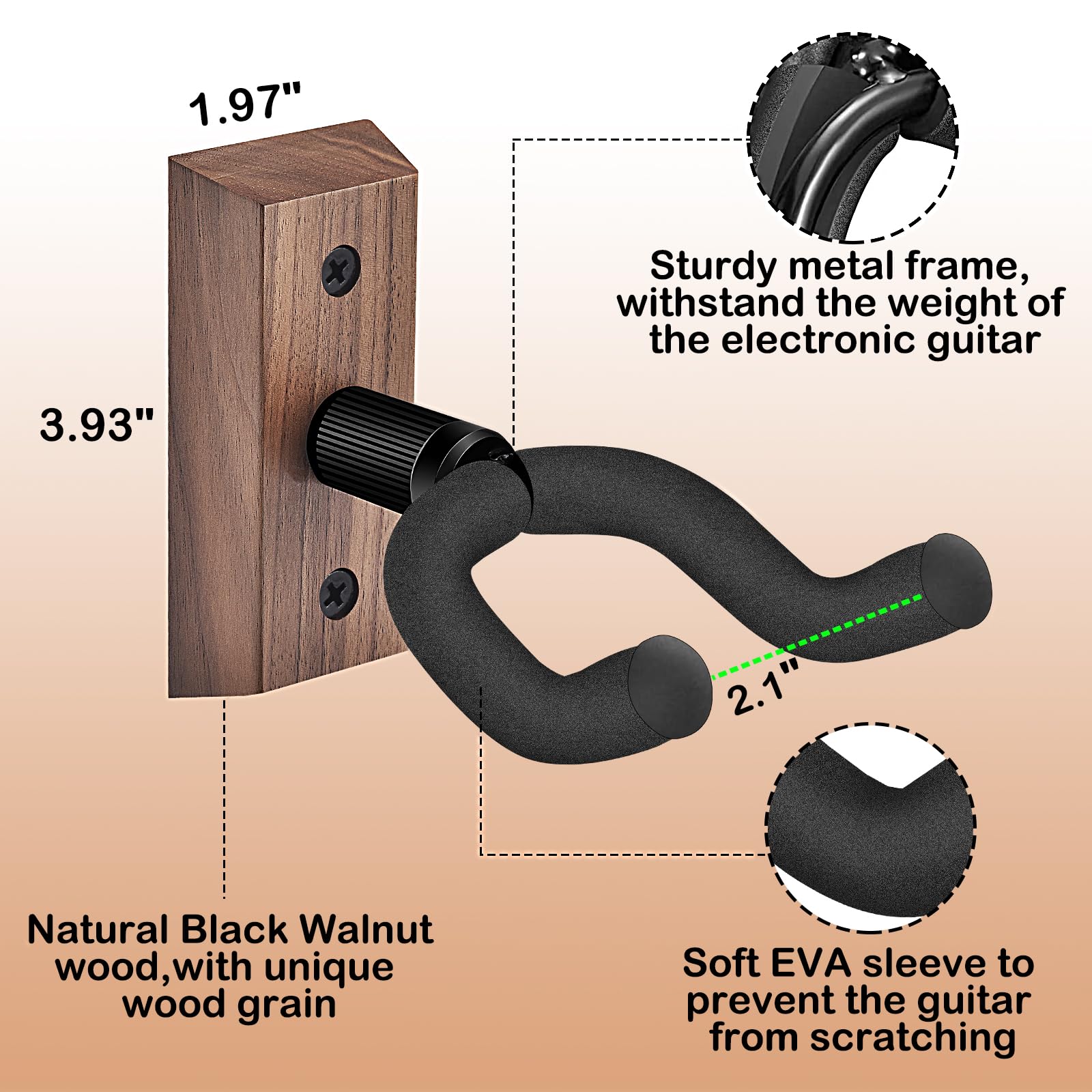 DOMMI Guitar Wall Mount 3 Pack, Wooden Guitar Hanger, Guitar Accessories Guitar Holder with Soft U-Shaped Guitar Hook, Guitar Wall Hangers for Acoustic Guitar, Electric Guitar, Bass, Black Walnut - Image 6