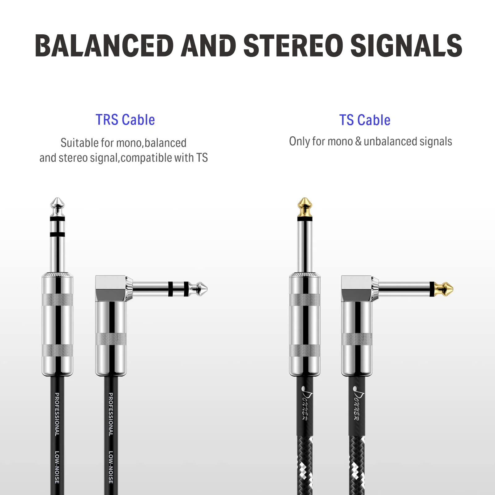 Donner 25ft TRS Cable 1/4” Male Right Angle to 1/4” TRS Male Straight Balanced Stereo Audio Patch Guitar Cable Black Sturdy No Hum 25 Feet Right Angle& Straight-TRS Cable - Image 4