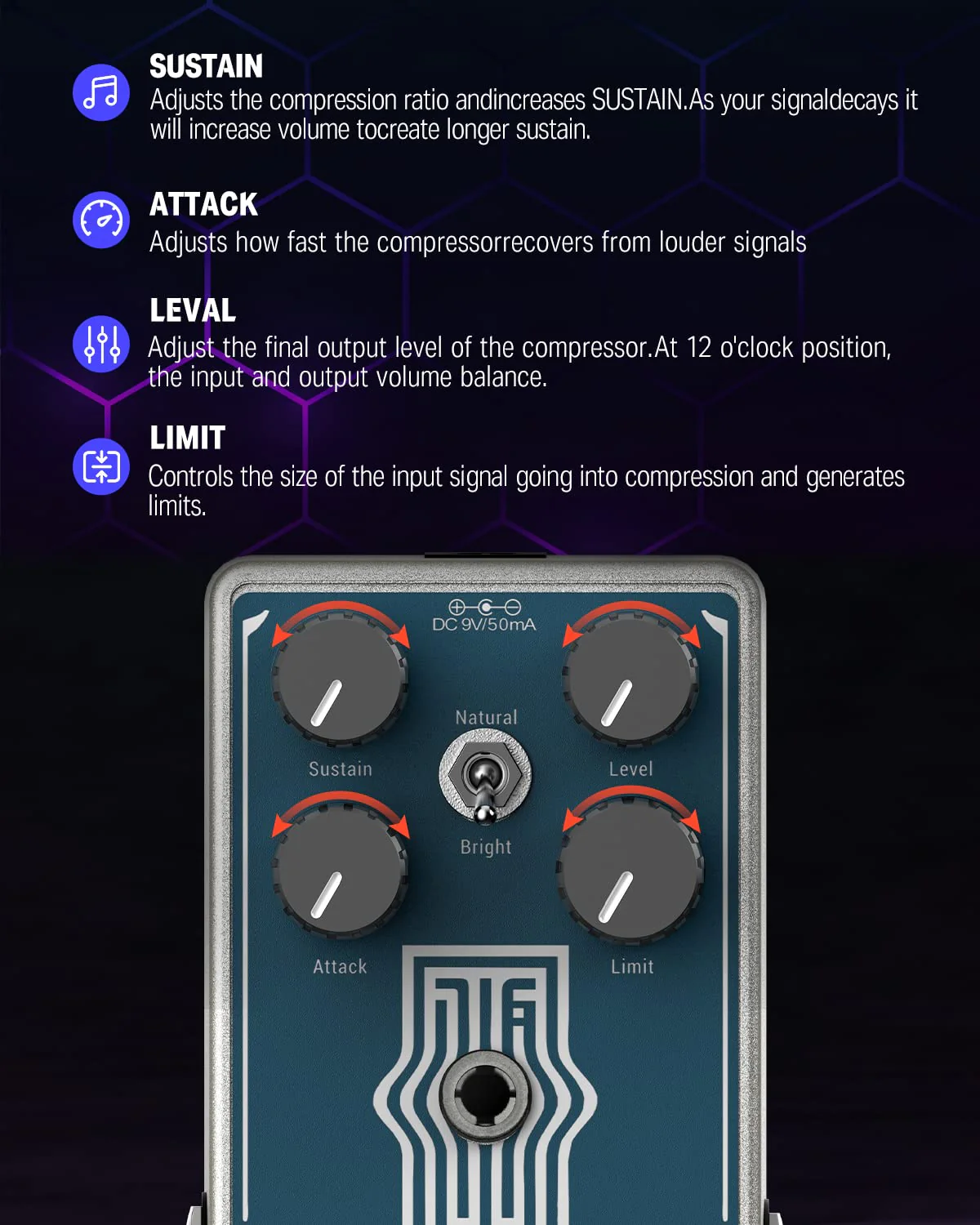Donner Compressor Guitar Pedal, Lax Comp Compressor Pedal for Electric Guitar and Bass, Classic Peak Limiter Style Compressor with 2 Band EQ Boost Effect Pure Analog True Bypass Blue：Compressor - Image 3