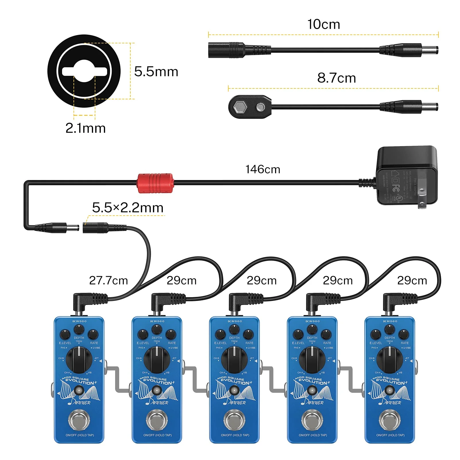 Donner DPA-100 Guitar Pedal Power Supply Adapter 9V DC 1A Tip Negative 5 Way Daisy Chain Cables for Effect Pedal - Image 7
