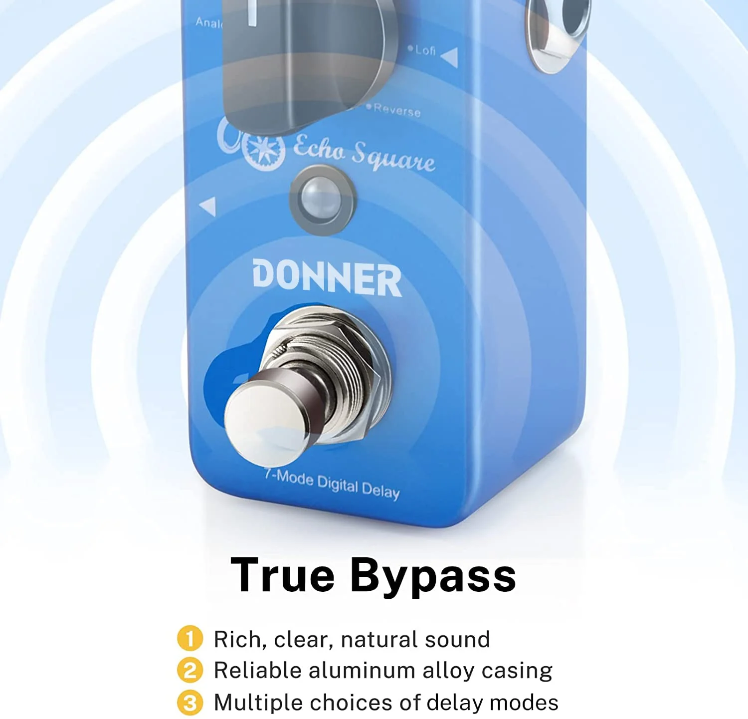 Donner Echo Square Delay Pedal - Digital 7-Modes Delay for Electric Guitar, Multi-Delay including Digital, Analog, Tape, Mod, Sweep, Lofi, Reverse - True Bypass Blue Digital Delay - Image 6