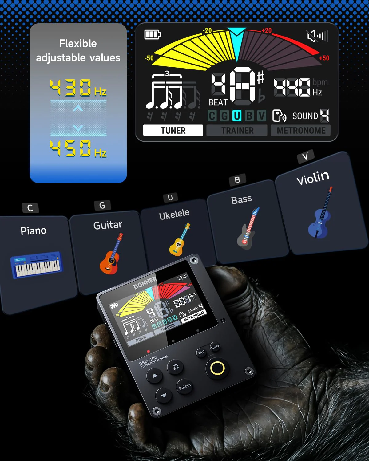 Donner Metronome Tuner, Rechargeable 3 In 1 Digital Metronome with Trainer Rhythm Mode, Tone Generator Tuners for Guitar, Bass, Violin, Ukulele, Chromatic, Piano, Flute, All Instruments, Black - Image 3