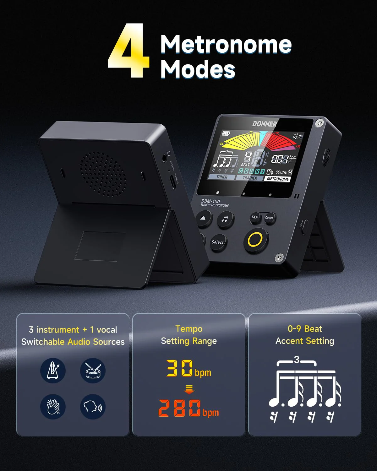 Donner Metronome Tuner, Rechargeable 3 In 1 Digital Metronome with Trainer Rhythm Mode, Tone Generator Tuners for Guitar, Bass, Violin, Ukulele, Chromatic, Piano, Flute, All Instruments, Black - Image 4