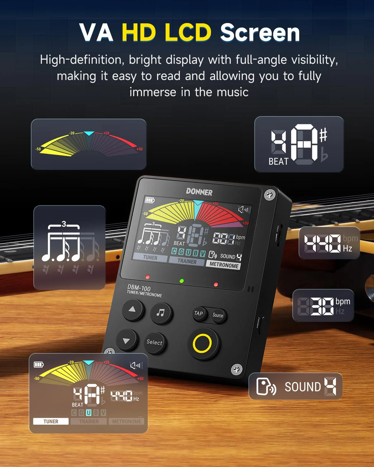 Donner Metronome Tuner, Rechargeable 3 In 1 Digital Metronome with Trainer Rhythm Mode, Tone Generator Tuners for Guitar, Bass, Violin, Ukulele, Chromatic, Piano, Flute, All Instruments, Black - Image 5