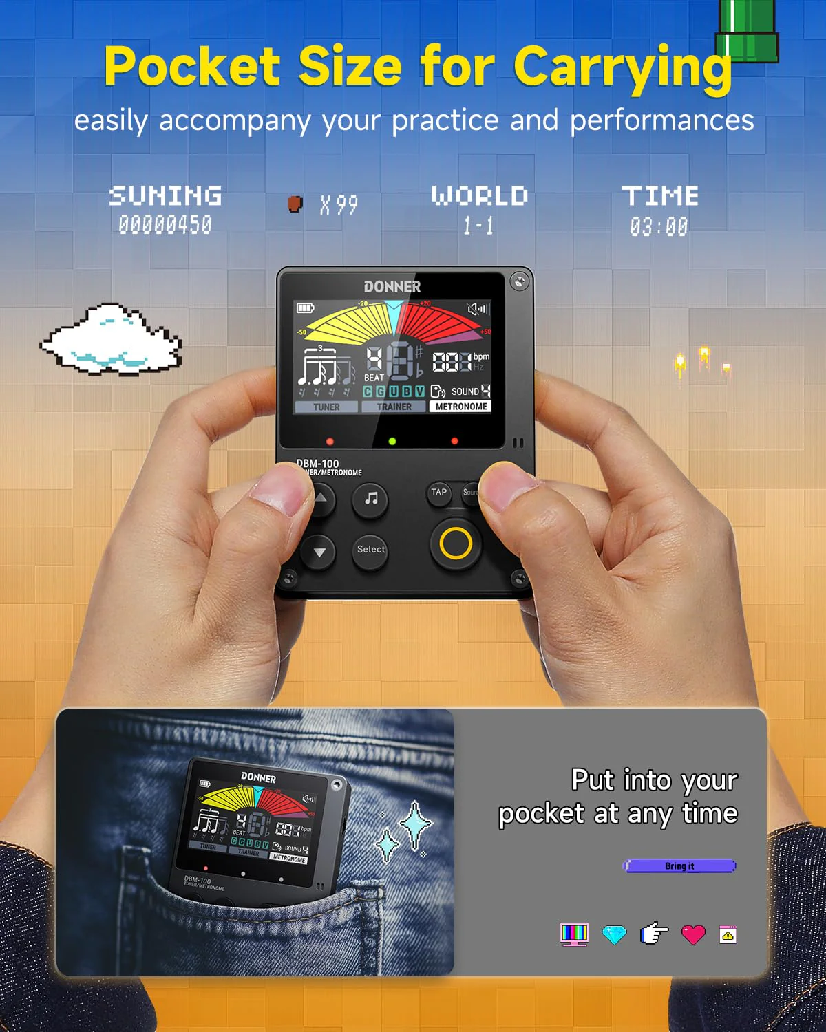 Donner Metronome Tuner, Rechargeable 3 In 1 Digital Metronome with Trainer Rhythm Mode, Tone Generator Tuners for Guitar, Bass, Violin, Ukulele, Chromatic, Piano, Flute, All Instruments, Black - Image 7