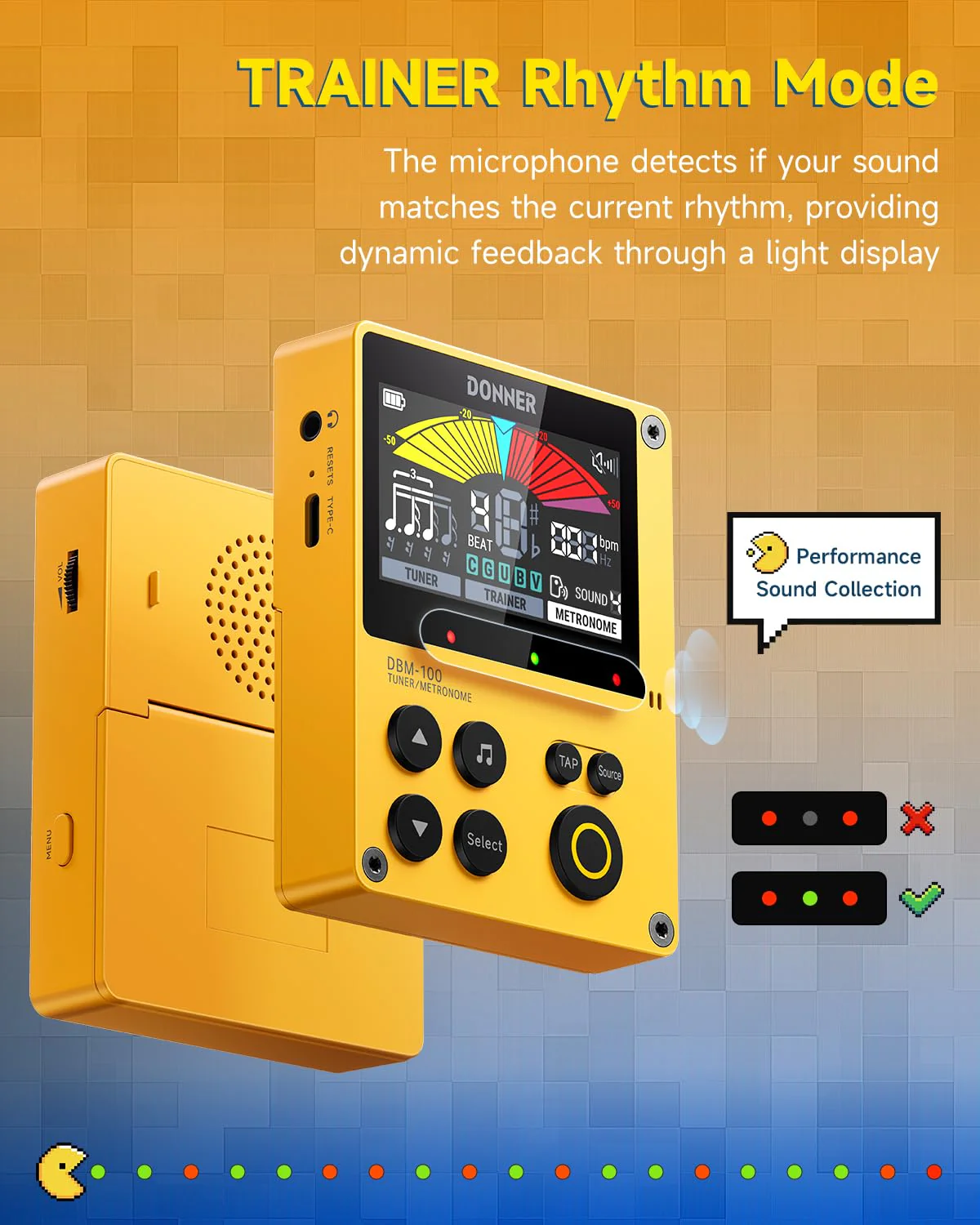 Donner Metronome Tuner, Rechargeable 3 In 1 Digital Metronome with Trainer Rhythm Mode, Tone Generator Tuners for Guitar, Bass, Violin, Ukulele, Chromatic, Piano, Flute, All Instruments, Yellow - Image 2