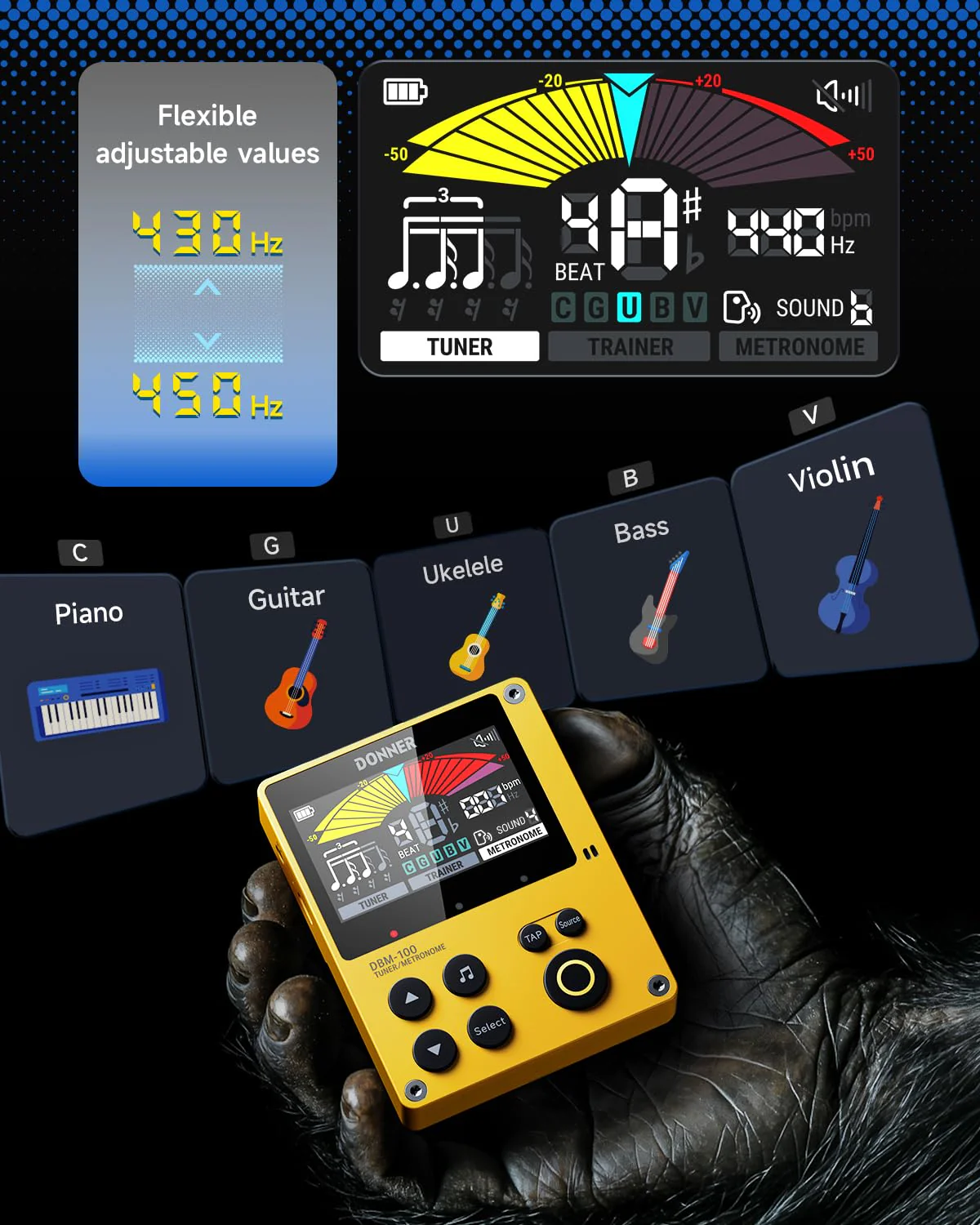Donner Metronome Tuner, Rechargeable 3 In 1 Digital Metronome with Trainer Rhythm Mode, Tone Generator Tuners for Guitar, Bass, Violin, Ukulele, Chromatic, Piano, Flute, All Instruments, Yellow - Image 3