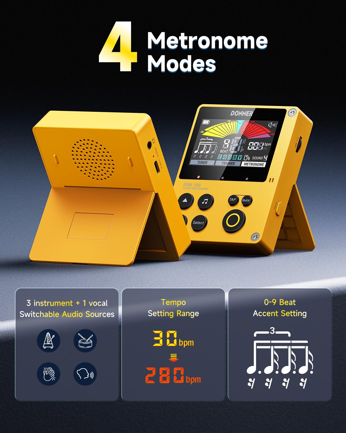 Donner Metronome Tuner, Rechargeable 3 In 1 Digital Metronome with Trainer Rhythm Mode, Tone Generator Tuners for Guitar, Bass, Violin, Ukulele, Chromatic, Piano, Flute, All Instruments, Yellow - Image 4