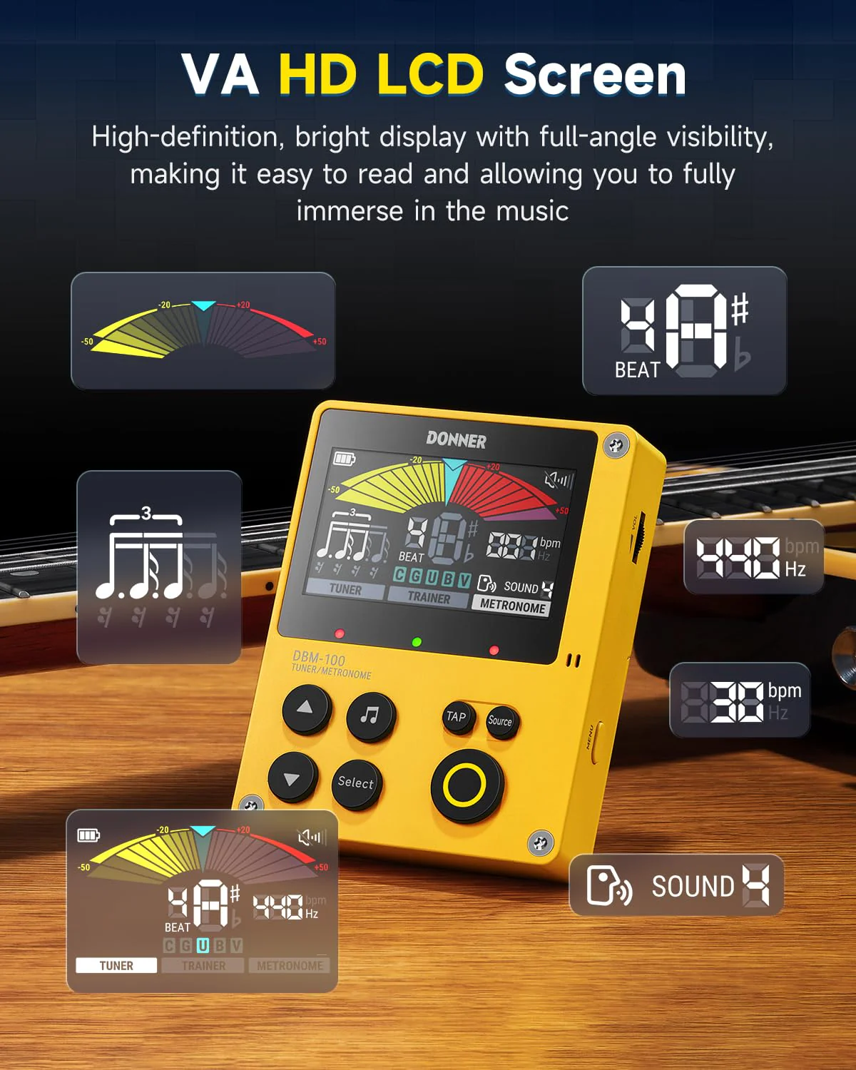 Donner Metronome Tuner, Rechargeable 3 In 1 Digital Metronome with Trainer Rhythm Mode, Tone Generator Tuners for Guitar, Bass, Violin, Ukulele, Chromatic, Piano, Flute, All Instruments, Yellow - Image 5