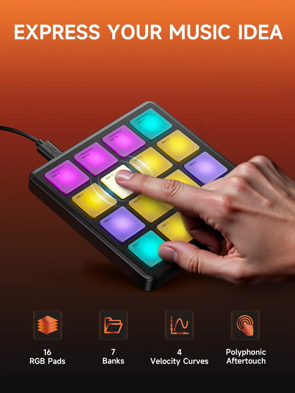 Donner MIDI Controller Pad Beat Maker Machine, Portable Drum Machine with 16 Beat Pads,Note Repeat and Music Production Software, Mini USB MIDI Controller with 40 Courses, STARRYPAD MINI - Image 2