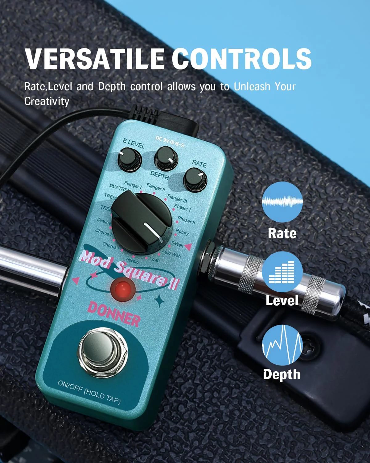 Donner Modulation Pedal - Mod Square Ⅱ for Electric Guitar Pedal Boards, 16 Effects Chorus Phaser Tremolo Flanger Rotary Vibrato Wah Lo-fi Detune 16 Modulation Modes, True Bypass Green Mod - Image 3