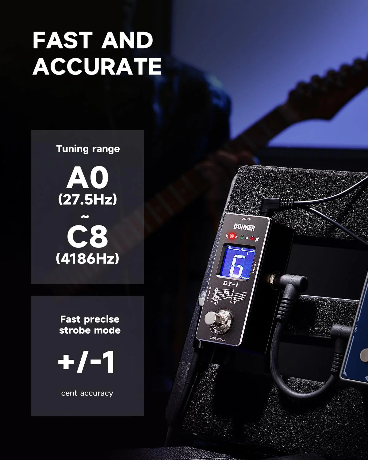 Donner Tuner Pedal, Dt-1 Chromatic Guitar Tuner Pedal with Pitch Indicator for Electric Guitar and Bass True Bypass Black Tuner - Image 2