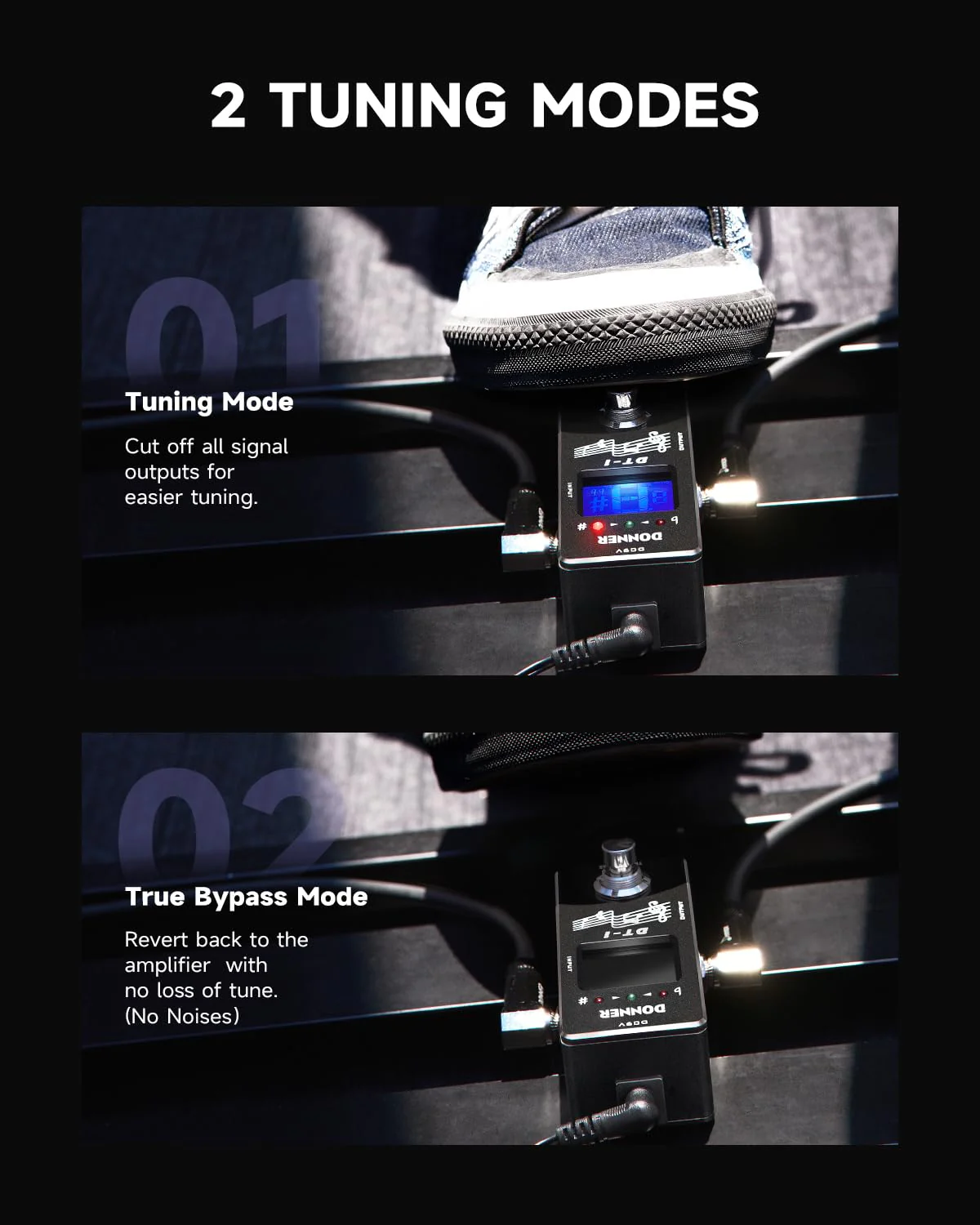 Donner Tuner Pedal, Dt-1 Chromatic Guitar Tuner Pedal with Pitch Indicator for Electric Guitar and Bass True Bypass Black Tuner - Image 3