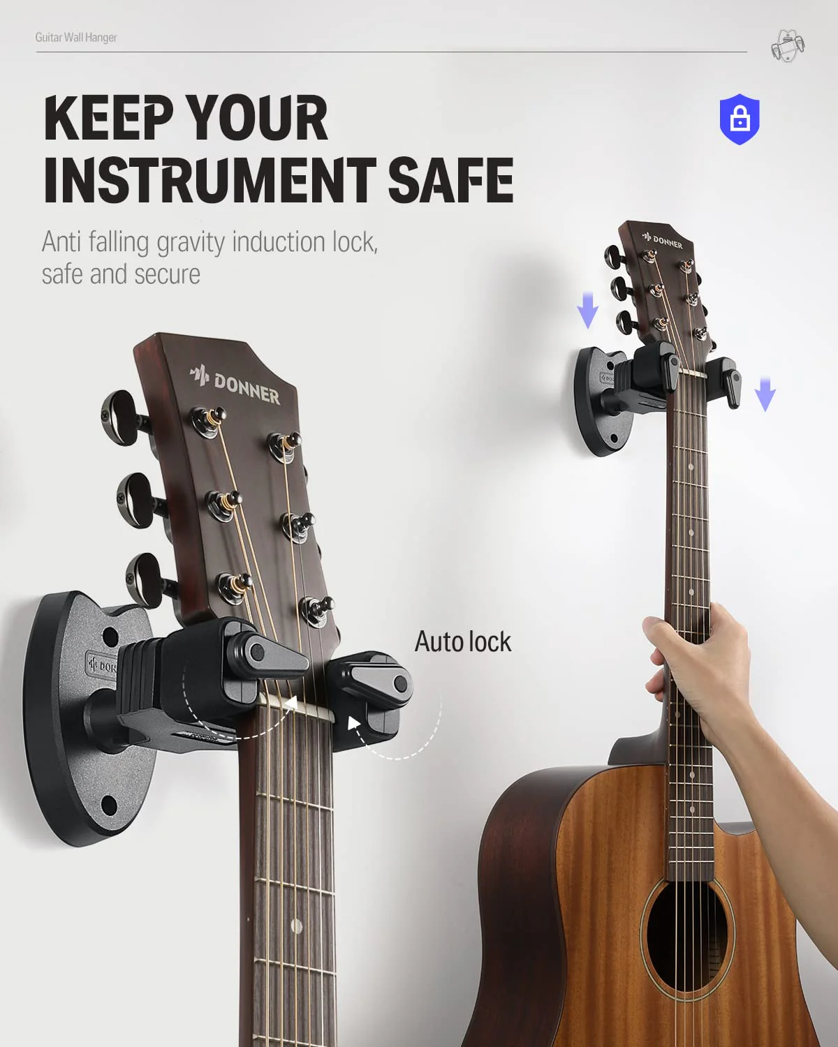 Donner Wall Mount Guitar Black Guitar Wall Mount Automatic Lock Guitar Holder Wall Guitar Hanger for Guitar Bass Banjo Mandolin Pack of 2 2-Pack - Image 3