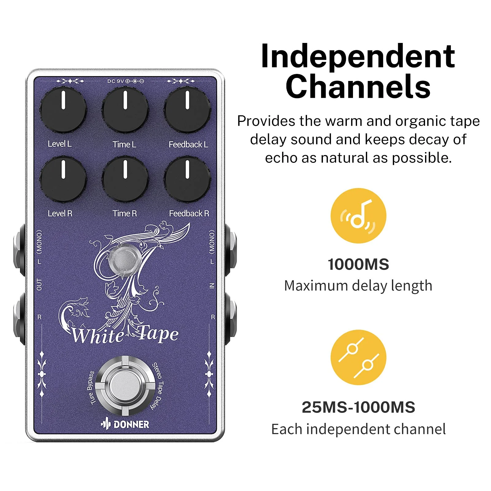 Donner White Tape Stereo Delay Pedal, Analog Delay with Echo Effect, True Bypass, 2 Independent Channels for Electric Guitar, Bass, Synth, Drum Machine Tape Delay - Image 4
