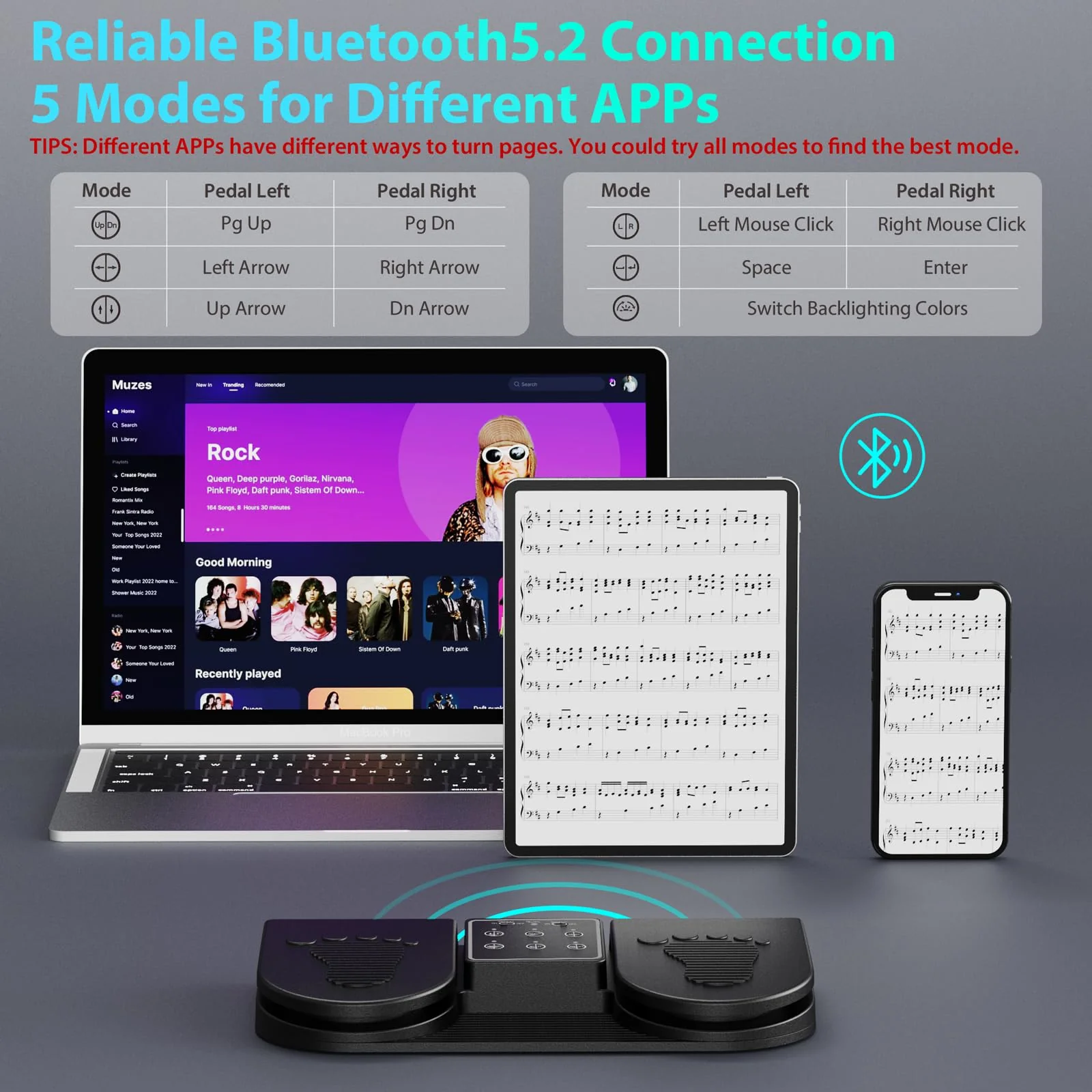 Doohoeek Backlit Page Turner Pedal Wireless for iPads Tablets Phones, Rechargeable Universal Foot Pedal with 7-Color Backlit & Sensitive Pedals for Playing Instruments or Prompting - Image 3