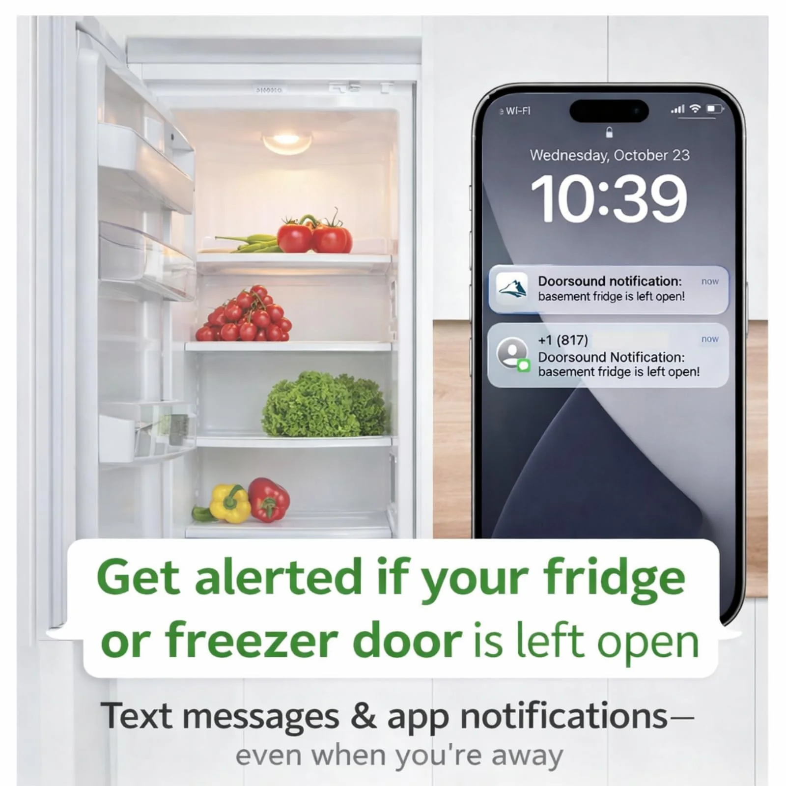 Doorsound WiFi Freezer & Refrigerator Door Alarm – Text & App Notifications When Door is Left Open, Adjustable Delay & Volume, No Hub, No Subscription main white - Image 3