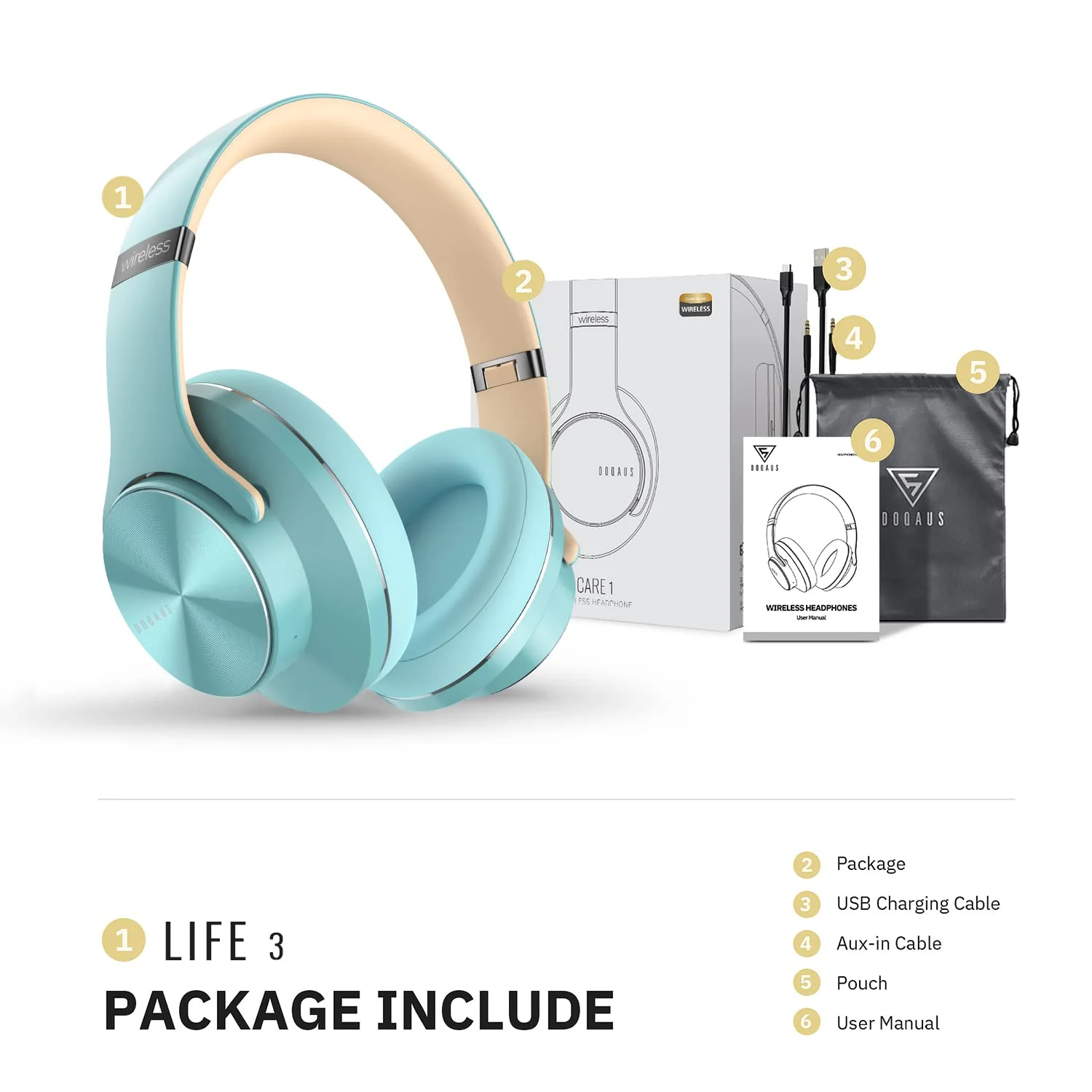 DOQAUS Bluetooth Headphones Over Ear, 90 Hours Playtime Wireless Headphones with 3 EQ Modes,HiFi Stereo Headphones with Microphone and Soft Protein Earpads for iPhone/TV/PC/Home Office (Blue) Blue - Image 8