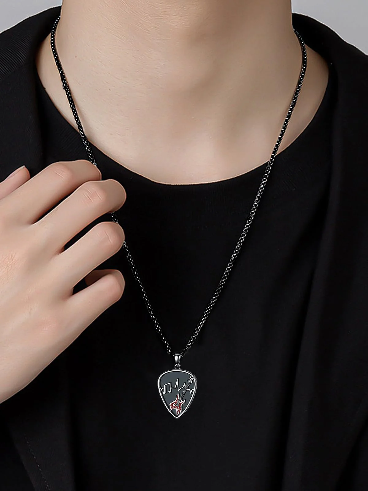 Dorunmo Guitar Pick Holder Necklace Sterling Silver Personalized Soundwave Guitar Pick Pendant Holder Christmas Musicians Gift for Guitar Lovers Music Lovers Guitar-Black Red - Image 2
