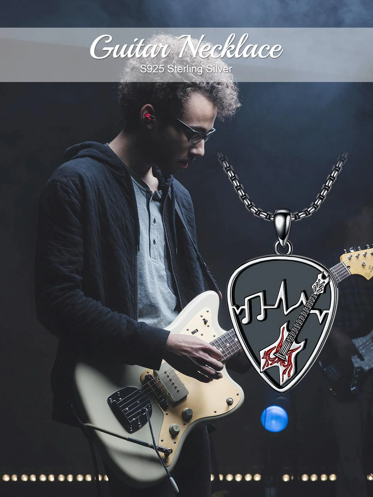 Dorunmo Guitar Pick Holder Necklace Sterling Silver Personalized Soundwave Guitar Pick Pendant Holder Christmas Musicians Gift for Guitar Lovers Music Lovers Guitar-Black Red - Image 6