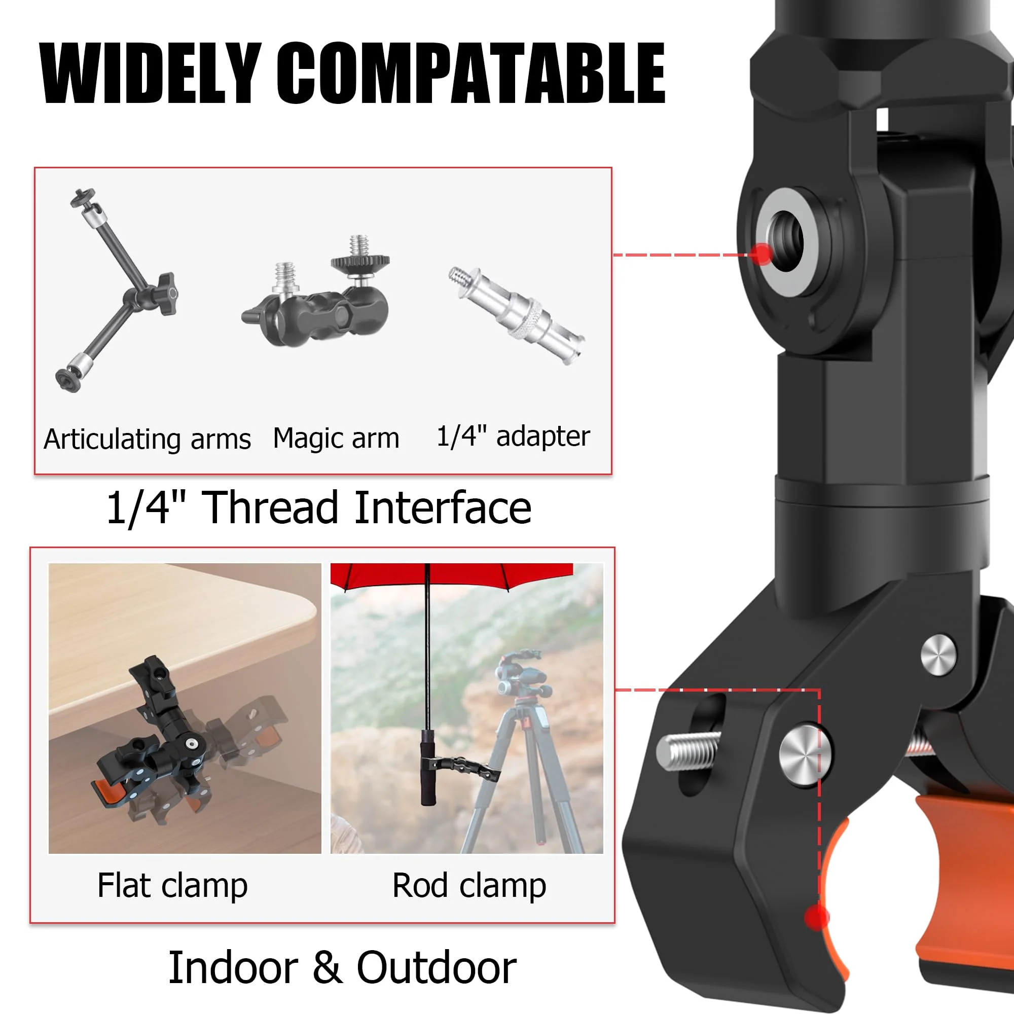 Double Clamp Mount Bracket Magic Arm with 1/4" Screw Interface, Double Super Camera Umbrella Clamp for Chair, Strollers, Photo Studio Light Stand, Motorcycle, Poles, Photography Reflector, Flag - Image 3