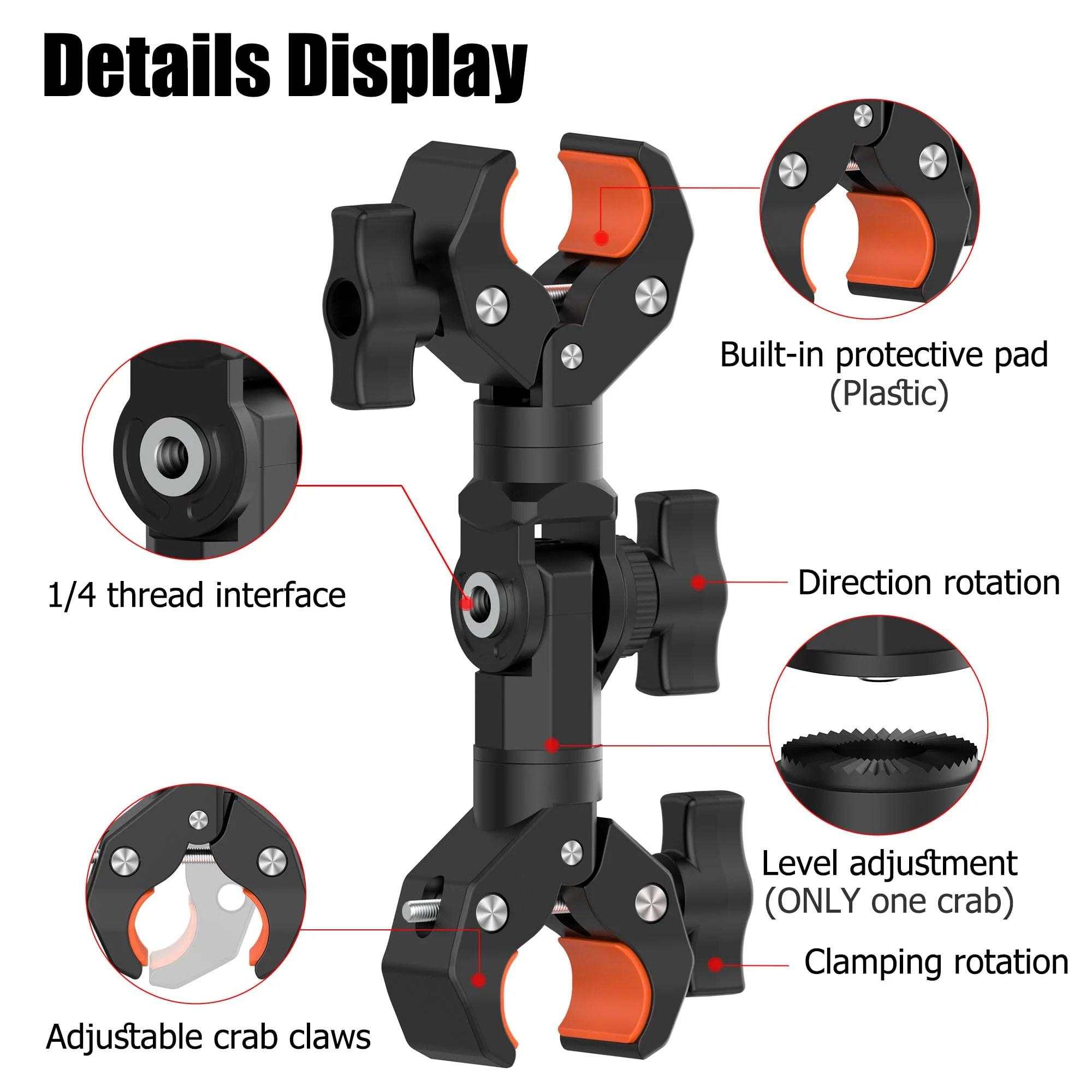 Double Clamp Mount Bracket Magic Arm with 1/4" Screw Interface, Double Super Camera Umbrella Clamp for Chair, Strollers, Photo Studio Light Stand, Motorcycle, Poles, Photography Reflector, Flag - Image 4