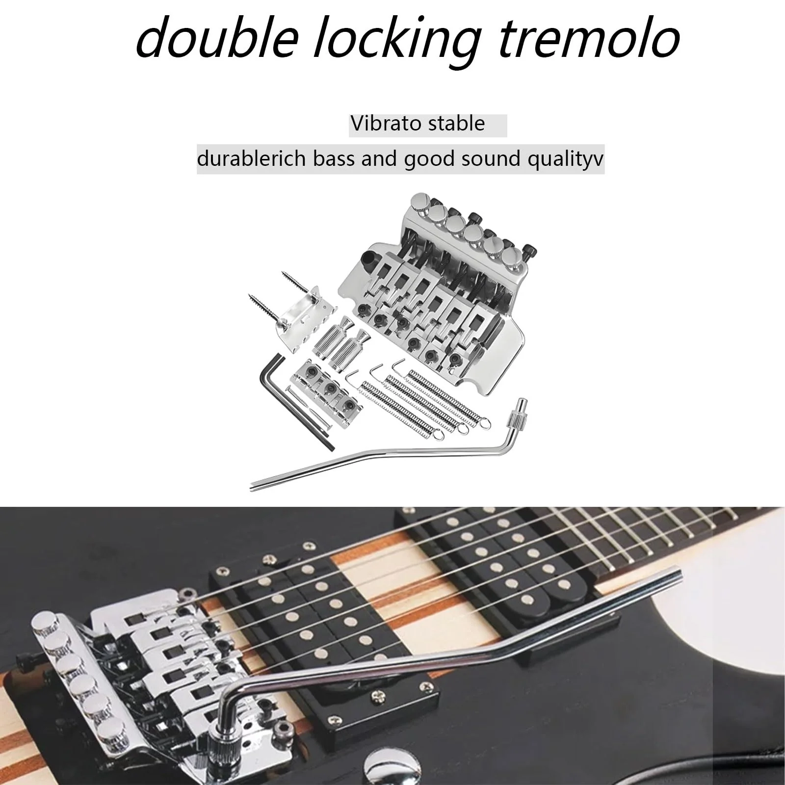 Double Locking Tremolo Bridge System with Arm - Compatible with Floyd Rose & Strat Electric Guitars, Chrome Replacement Part (Silver) Silver - Image 4