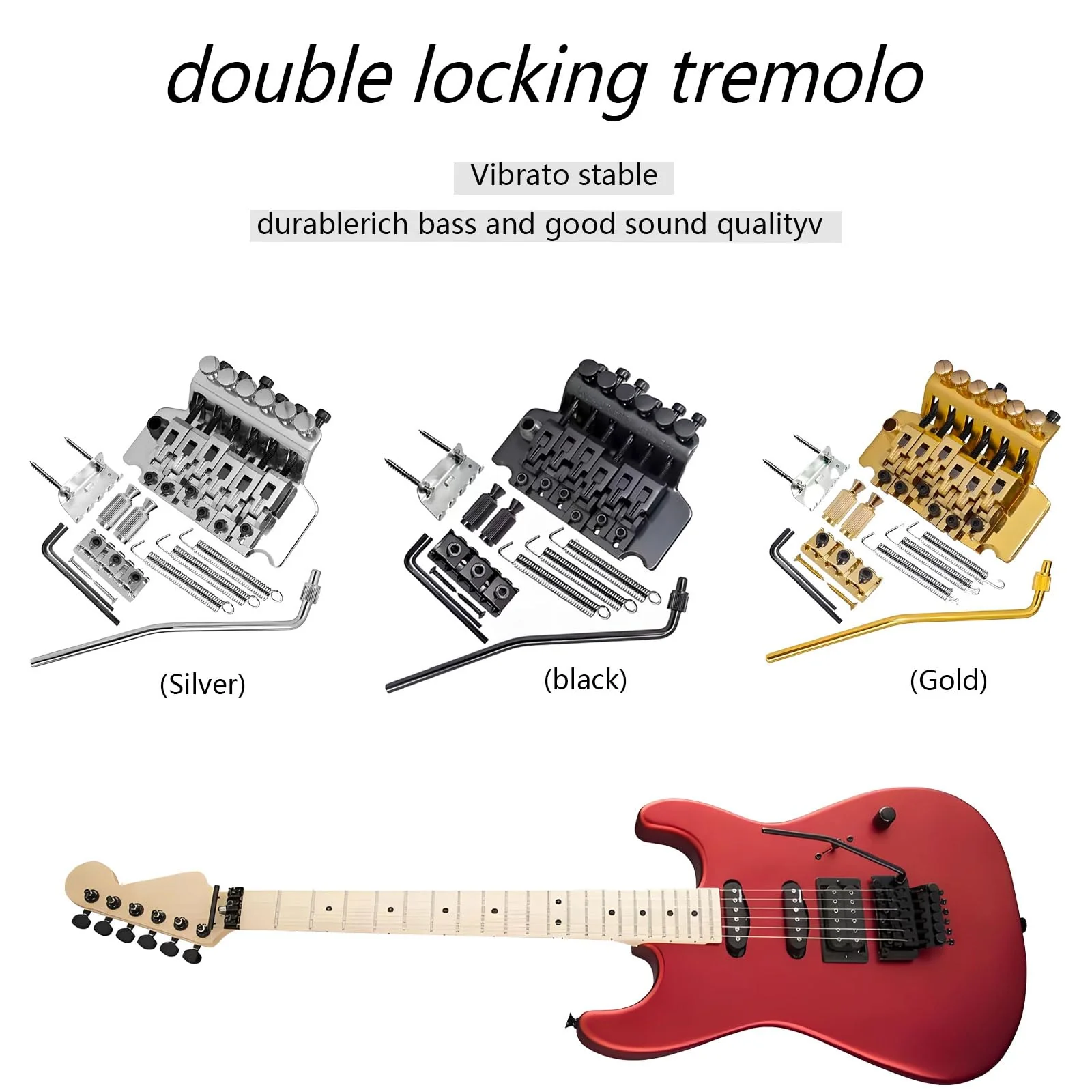 Double Locking Tremolo Bridge System with Arm - Compatible with Floyd Rose & Strat Electric Guitars, Chrome Replacement Part (Silver) Silver - Image 6