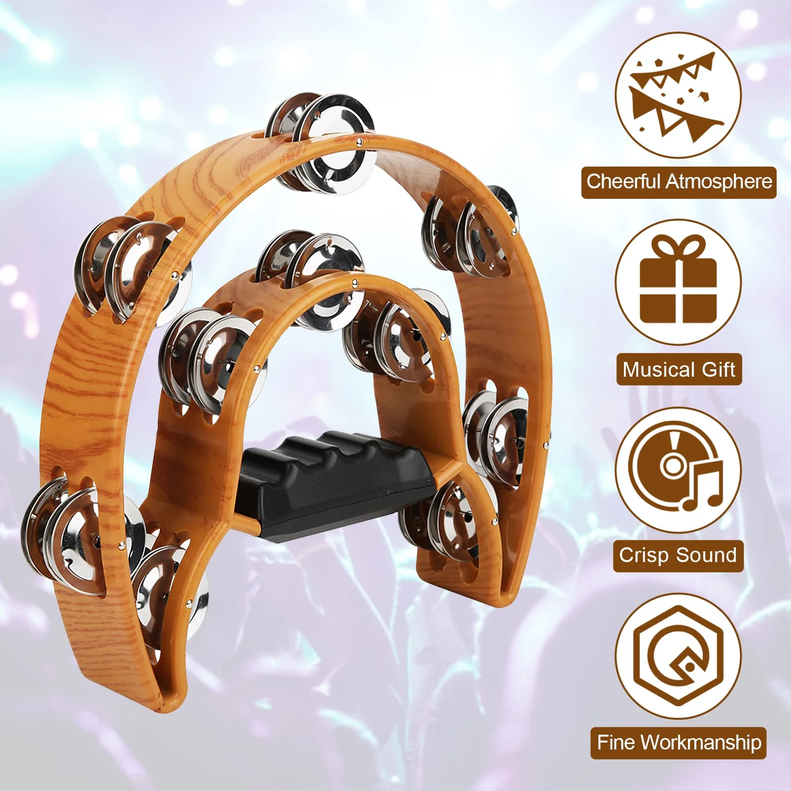 Double Row Jingles, Half Moon Musical Tambourine Double Row Handbell Tambourine Metal Jingles with Ergonomic Grip Percussion Instrument for KTV Party Church, Imitation Wood Color - Image 6