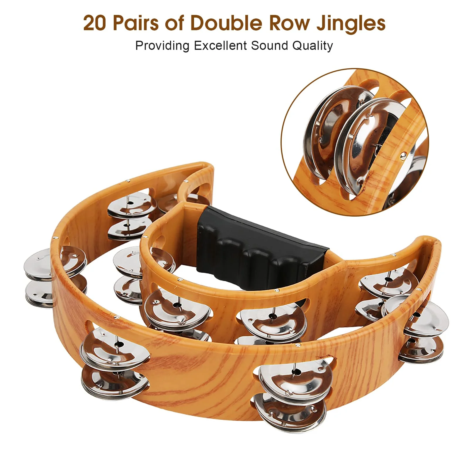 Double Row Jingles, Half Moon Musical Tambourine Double Row Handbell Tambourine Metal Jingles with Ergonomic Grip Percussion Instrument for KTV Party Church, Imitation Wood Color - Image 7