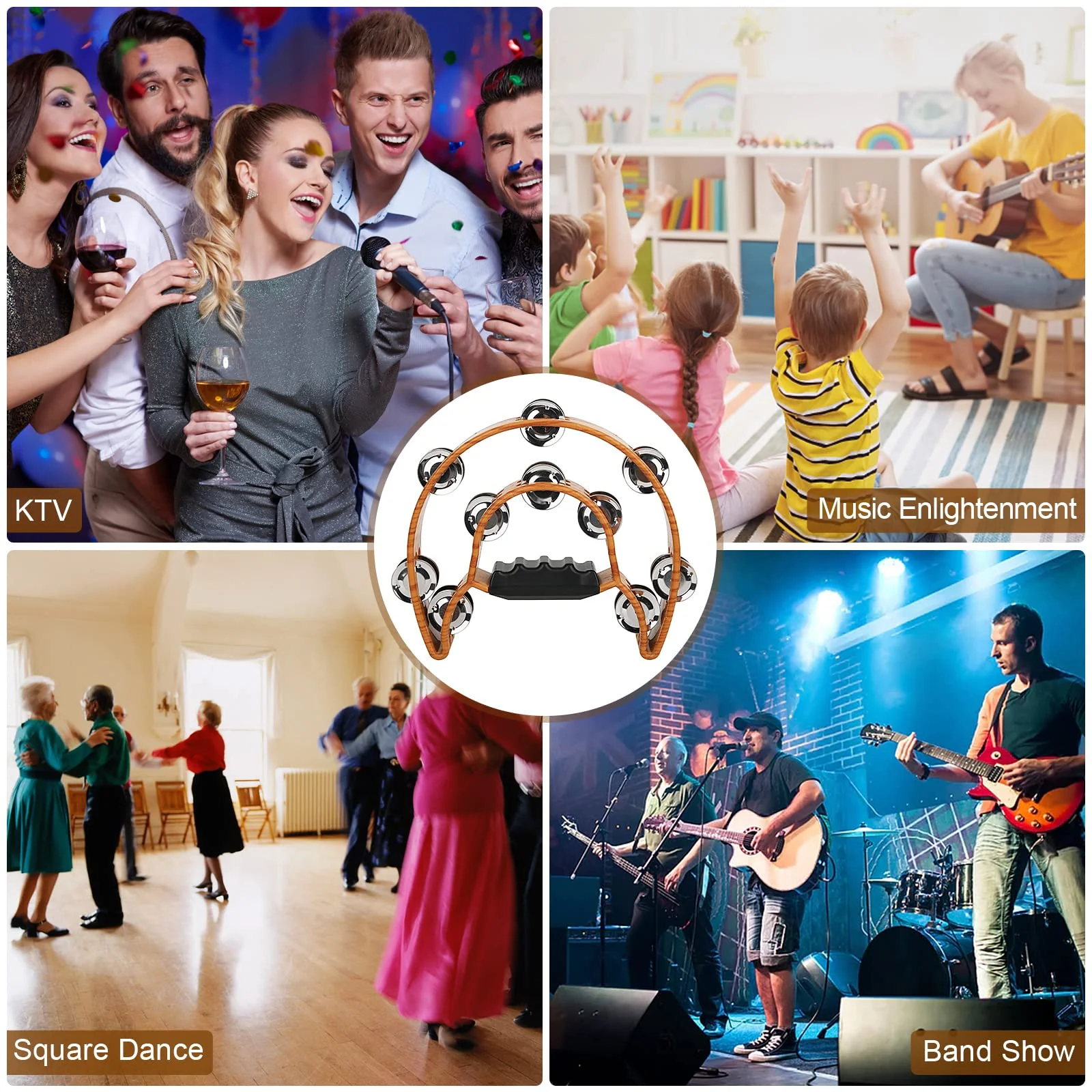 Double Row Jingles, Half Moon Musical Tambourine Double Row Handbell Tambourine Metal Jingles with Ergonomic Grip Percussion Instrument for KTV Party Church, Imitation Wood Color - Image 9