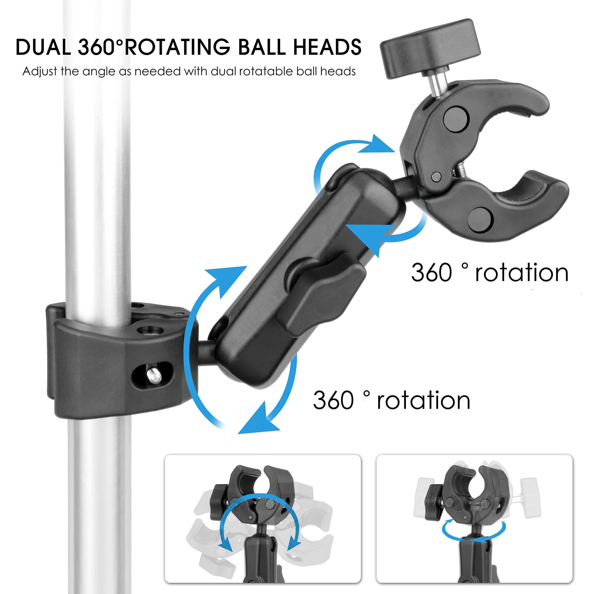 Double Super Clamp Camera Mount with Magic Arm for Chair/Photography Reflector/Light/Pole, Umbrella Clamp with 360° Rotation Double Ball Head Adapter for Golf Push Carts/Strollers/Wagons - Image 2