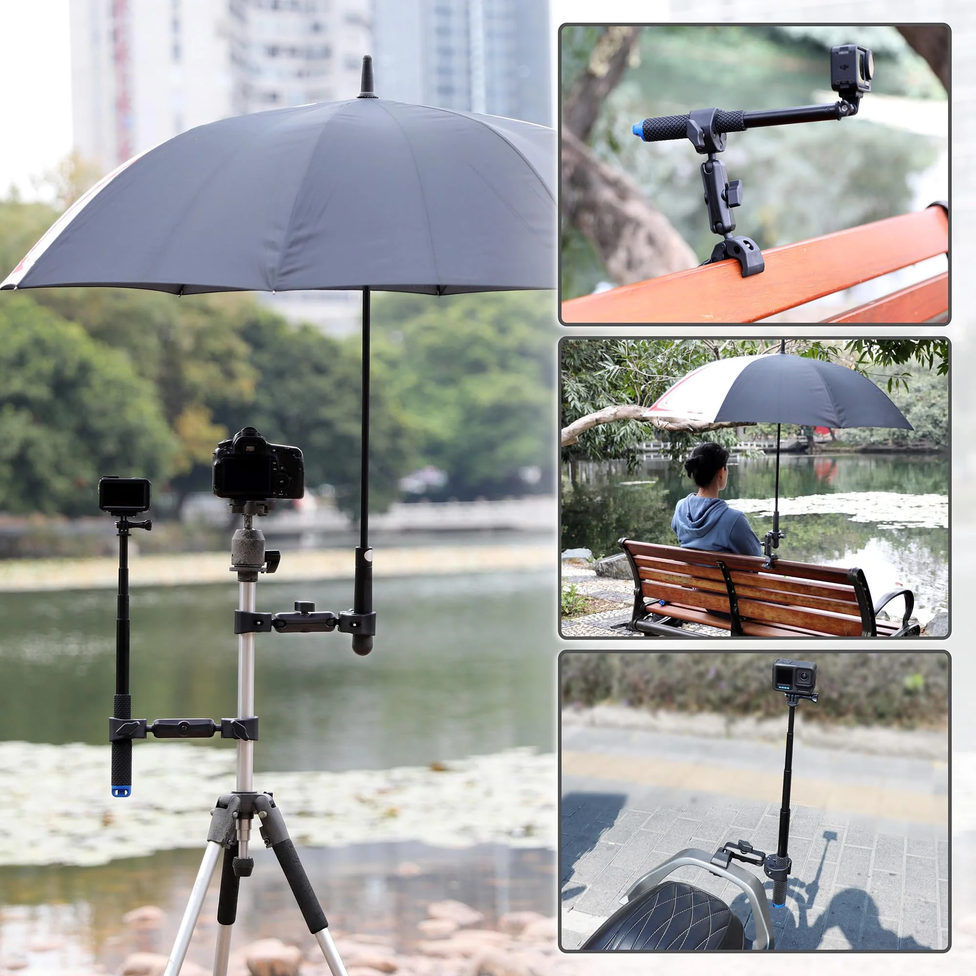 Double Super Clamp Camera Mount with Magic Arm for Chair/Photography Reflector/Light/Pole, Umbrella Clamp with 360° Rotation Double Ball Head Adapter for Golf Push Carts/Strollers/Wagons - Image 3