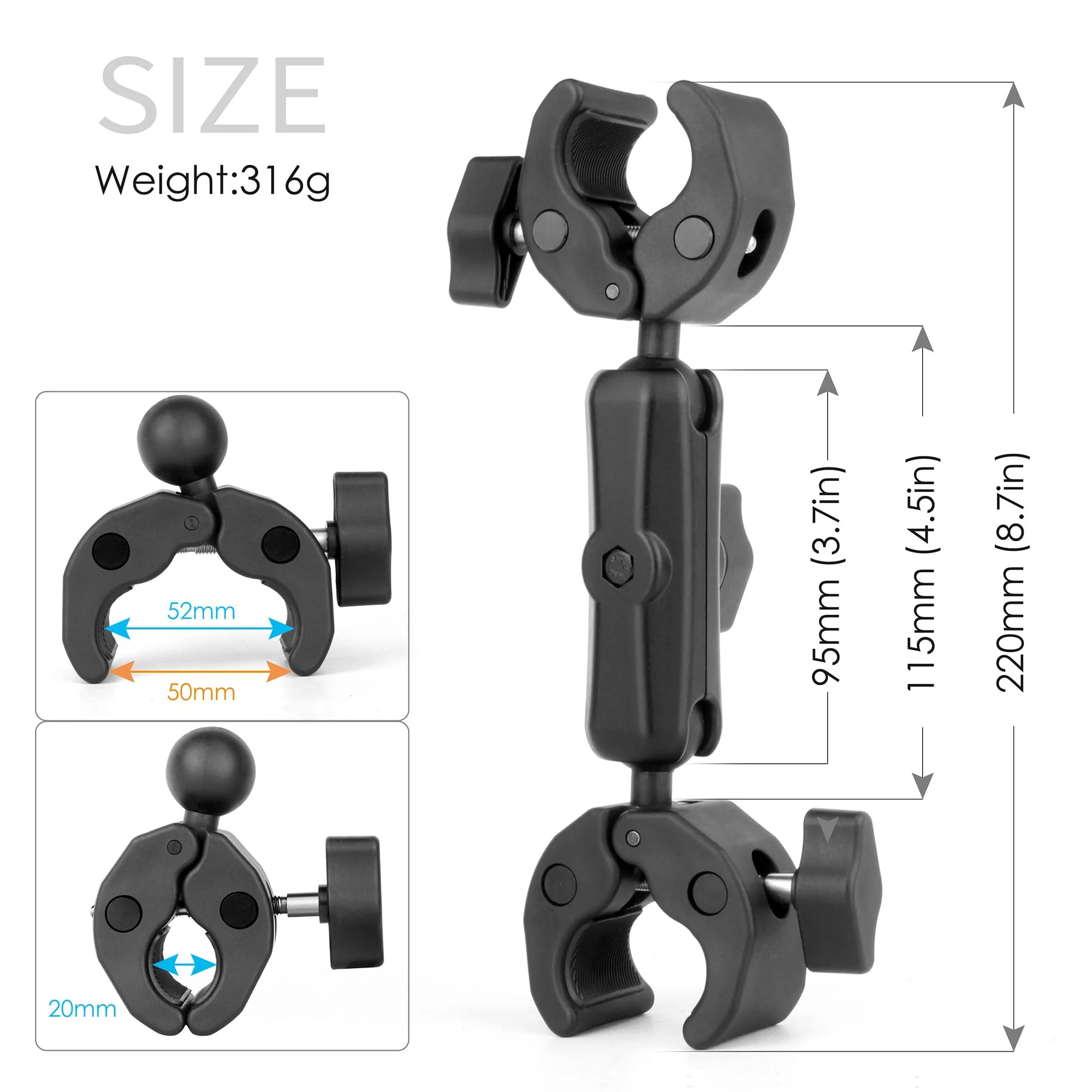 Double Super Clamp Camera Mount with Magic Arm for Chair/Photography Reflector/Light/Pole, Umbrella Clamp with 360° Rotation Double Ball Head Adapter for Golf Push Carts/Strollers/Wagons - Image 4