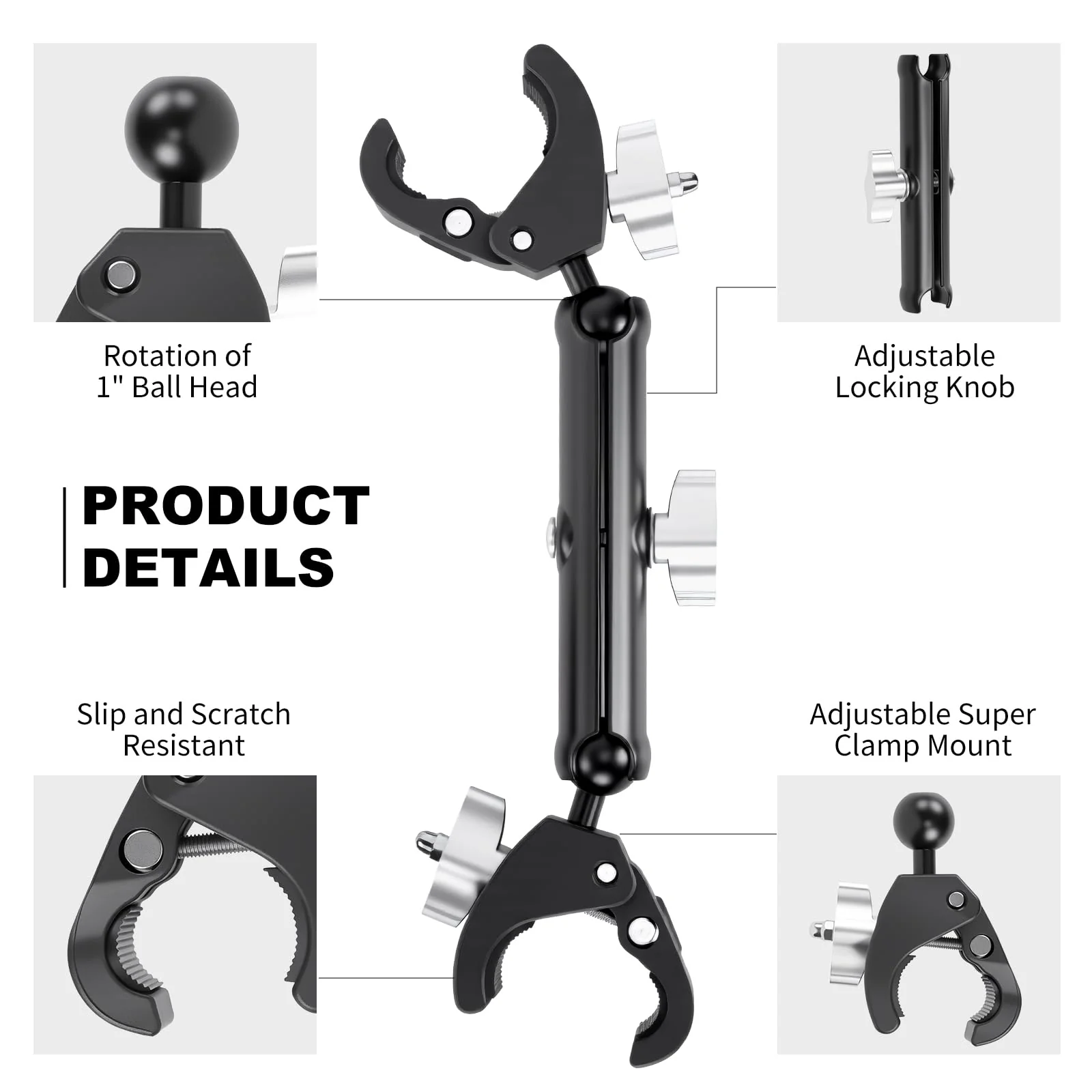 Double Super Clamp Camera/Umbrella Mount,360° Magic Long Arm Pole Clamp,Double Ball Head Adapter for Photo Studio Light Stand,Gopro,Golf Carts,Motorcycle,Cross Bars,Strollers (Black) Black - Image 5