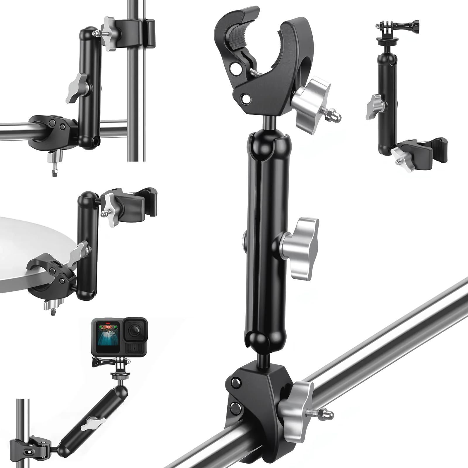 Double Super Clamp Camera/Umbrella Mount,360° Magic Long Arm Pole Clamp,Double Ball Head Adapter for Photo Studio Light Stand,Gopro,Golf Carts,Motorcycle,Cross Bars,Strollers (Black) Black - Image 6