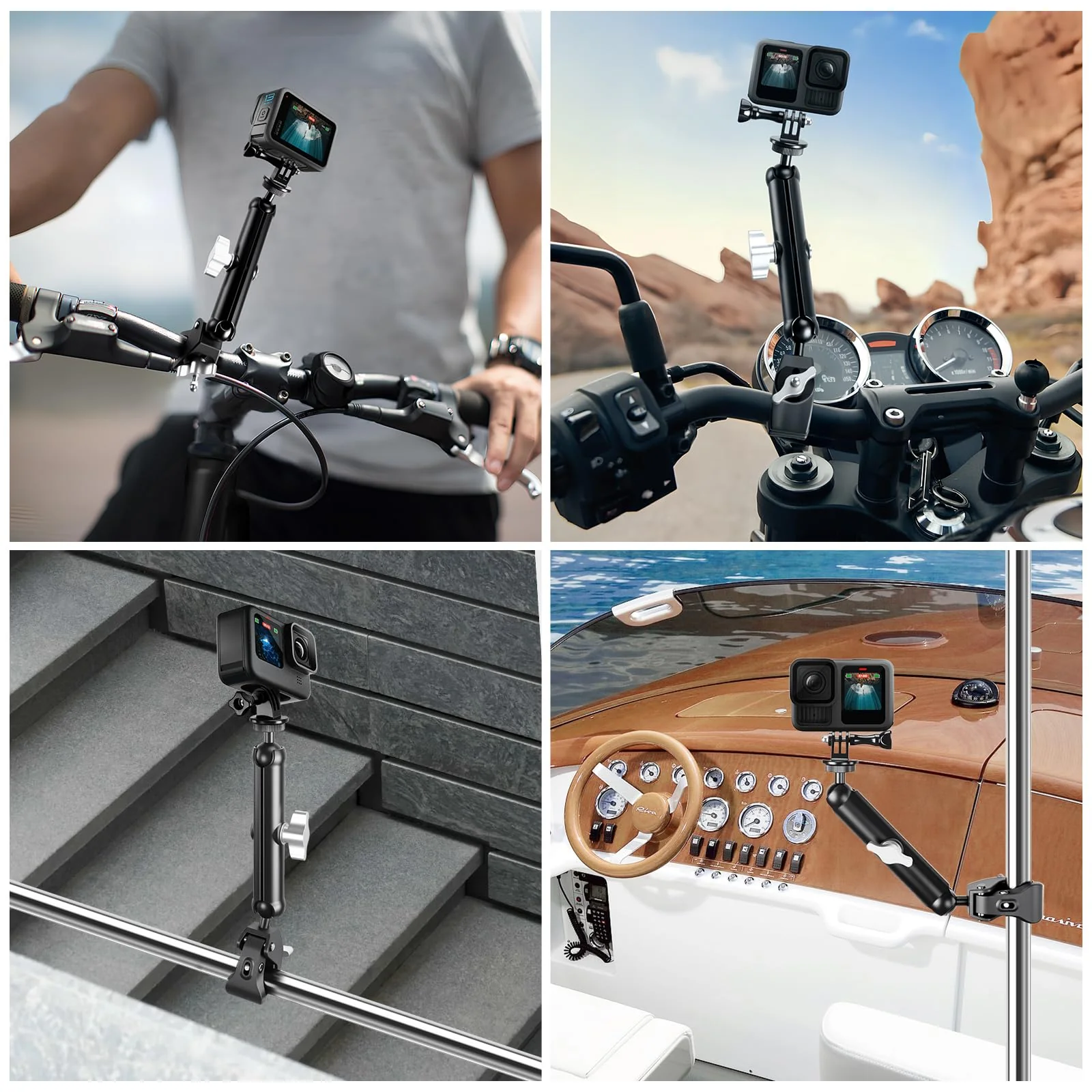 Double Super Clamp Camera/Umbrella Mount,360° Magic Long Arm Pole Clamp,Double Ball Head Adapter for Photo Studio Light Stand,Gopro,Golf Carts,Motorcycle,Cross Bars,Strollers (Black) Black - Image 8
