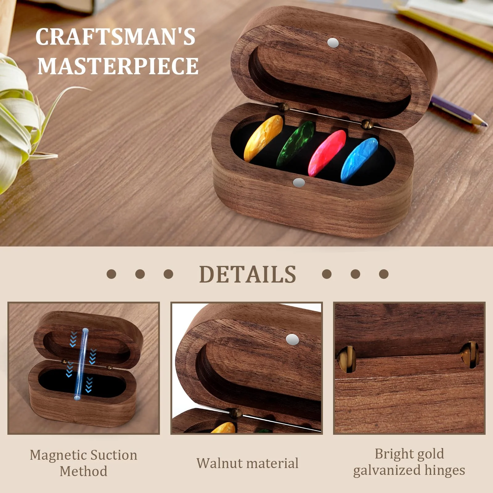 DoubleCare Walnut Guitar Pick Case Set with 12 Celluloid Picks in 3 Thicknesses, Premium Guitar Pick Holder, Mini Jewelry Box, Guitar and Bass Gift for Son, Mother, Father, Friend, Teacher Brown - Image 2