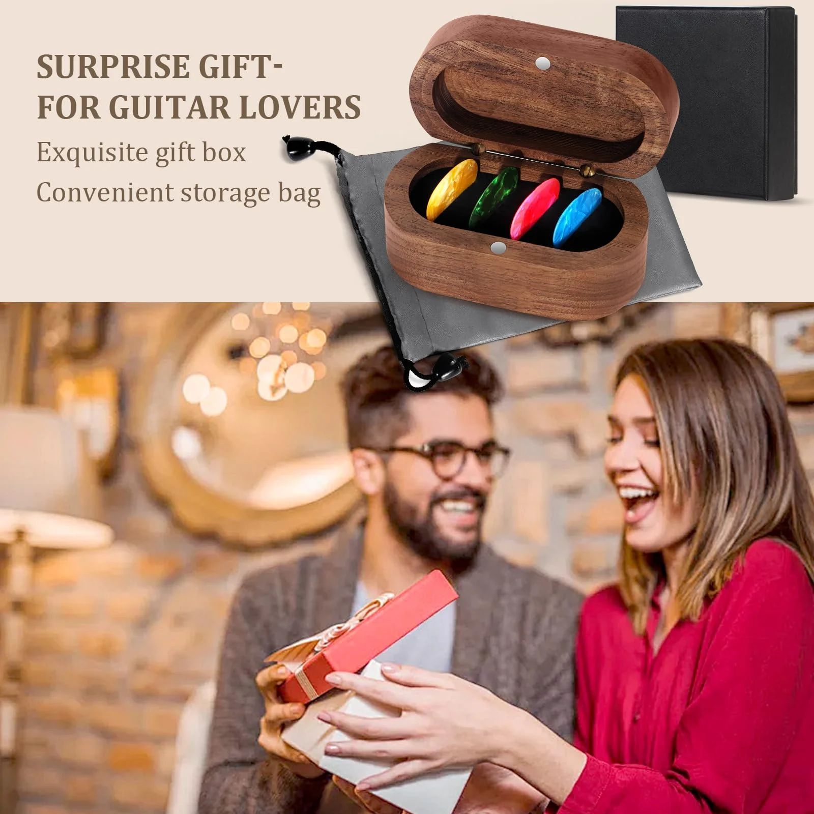 DoubleCare Walnut Guitar Pick Case Set with 12 Celluloid Picks in 3 Thicknesses, Premium Guitar Pick Holder, Mini Jewelry Box, Guitar and Bass Gift for Son, Mother, Father, Friend, Teacher Brown - Image 4