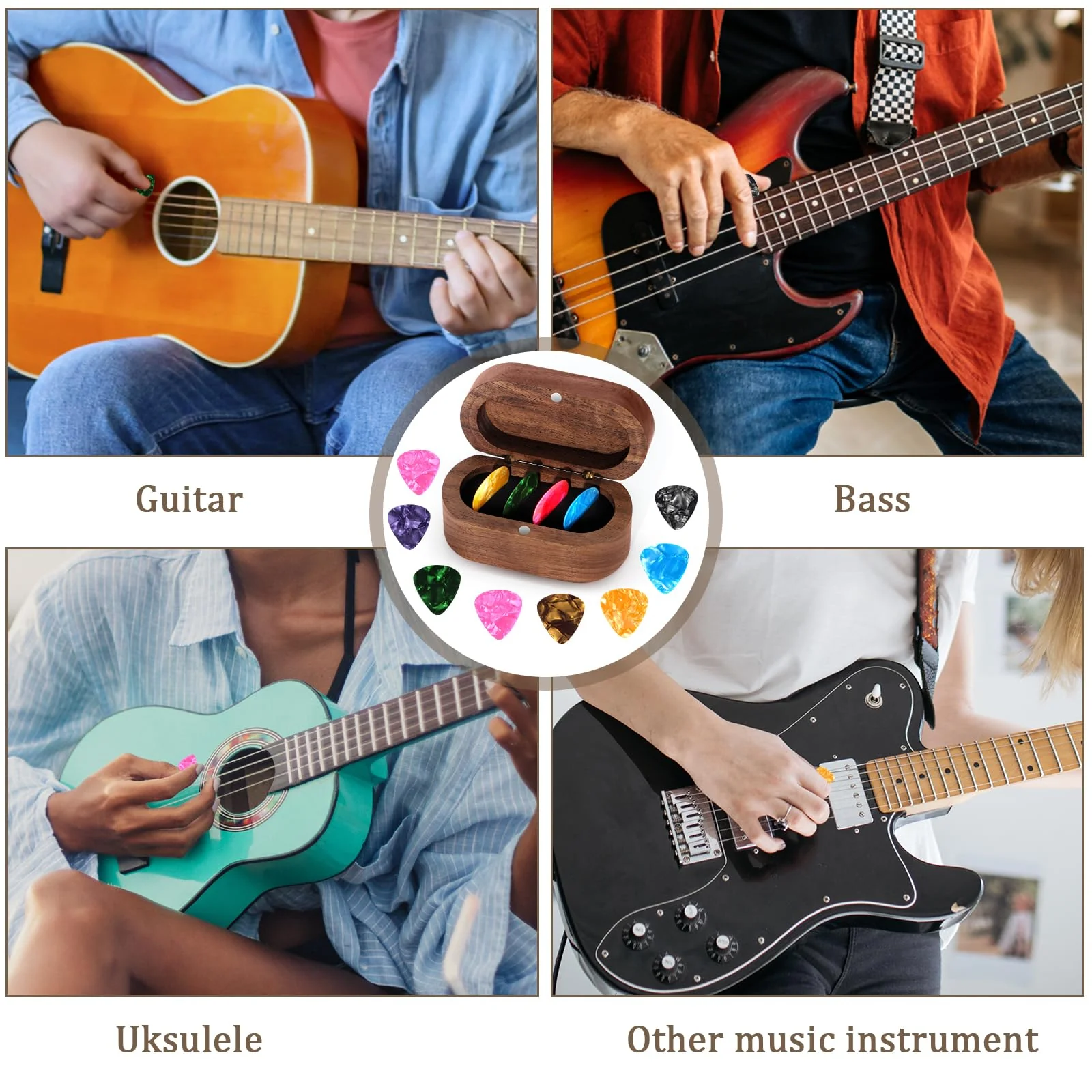 DoubleCare Walnut Guitar Pick Case Set with 12 Celluloid Picks in 3 Thicknesses, Premium Guitar Pick Holder, Mini Jewelry Box, Guitar and Bass Gift for Son, Mother, Father, Friend, Teacher Brown - Image 6