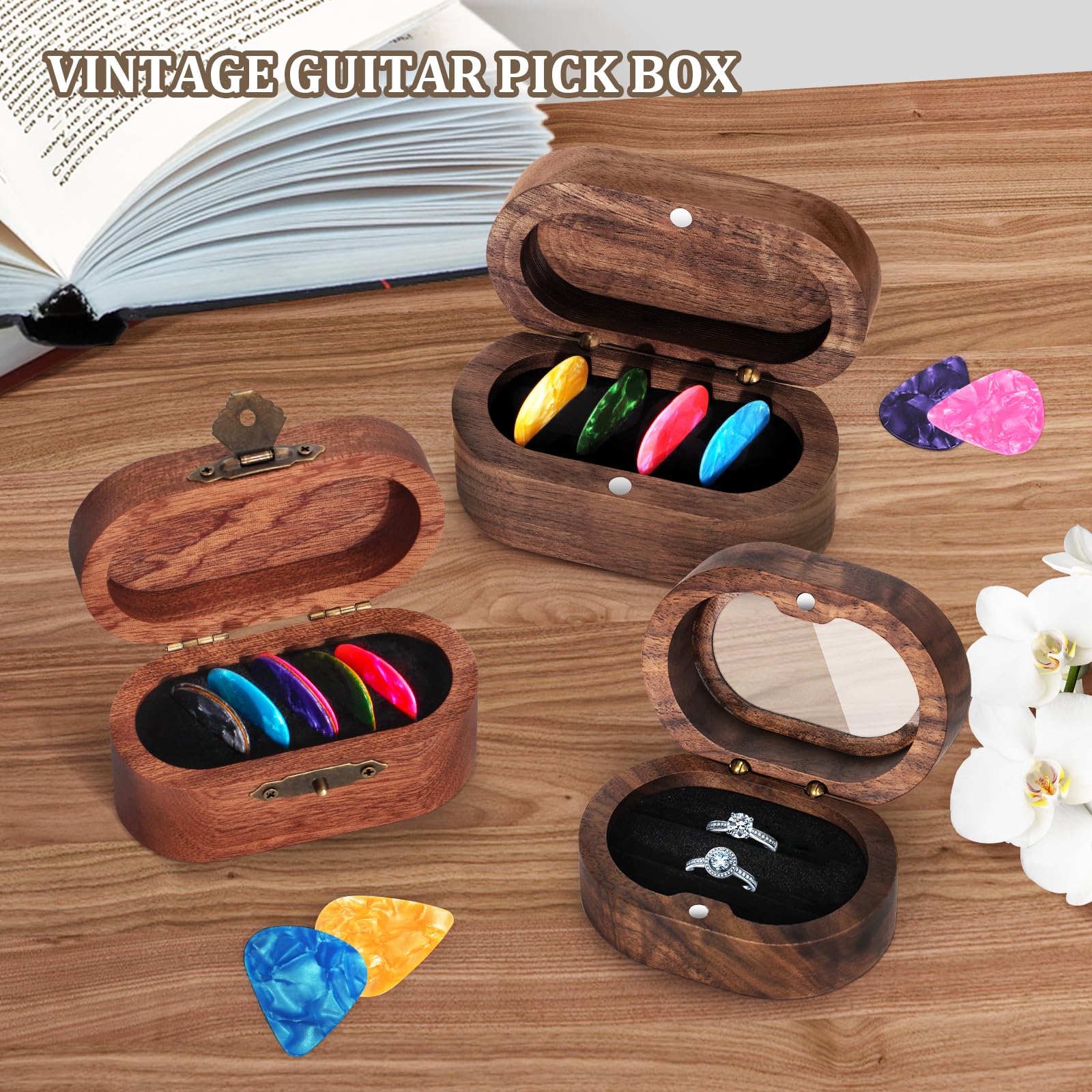 DoubleCare Walnut Guitar Pick Case Set with 12 Celluloid Picks in 3 Thicknesses, Premium Guitar Pick Holder, Mini Jewelry Box, Guitar and Bass Gift for Son, Mother, Father, Friend, Teacher Brown - Image 7