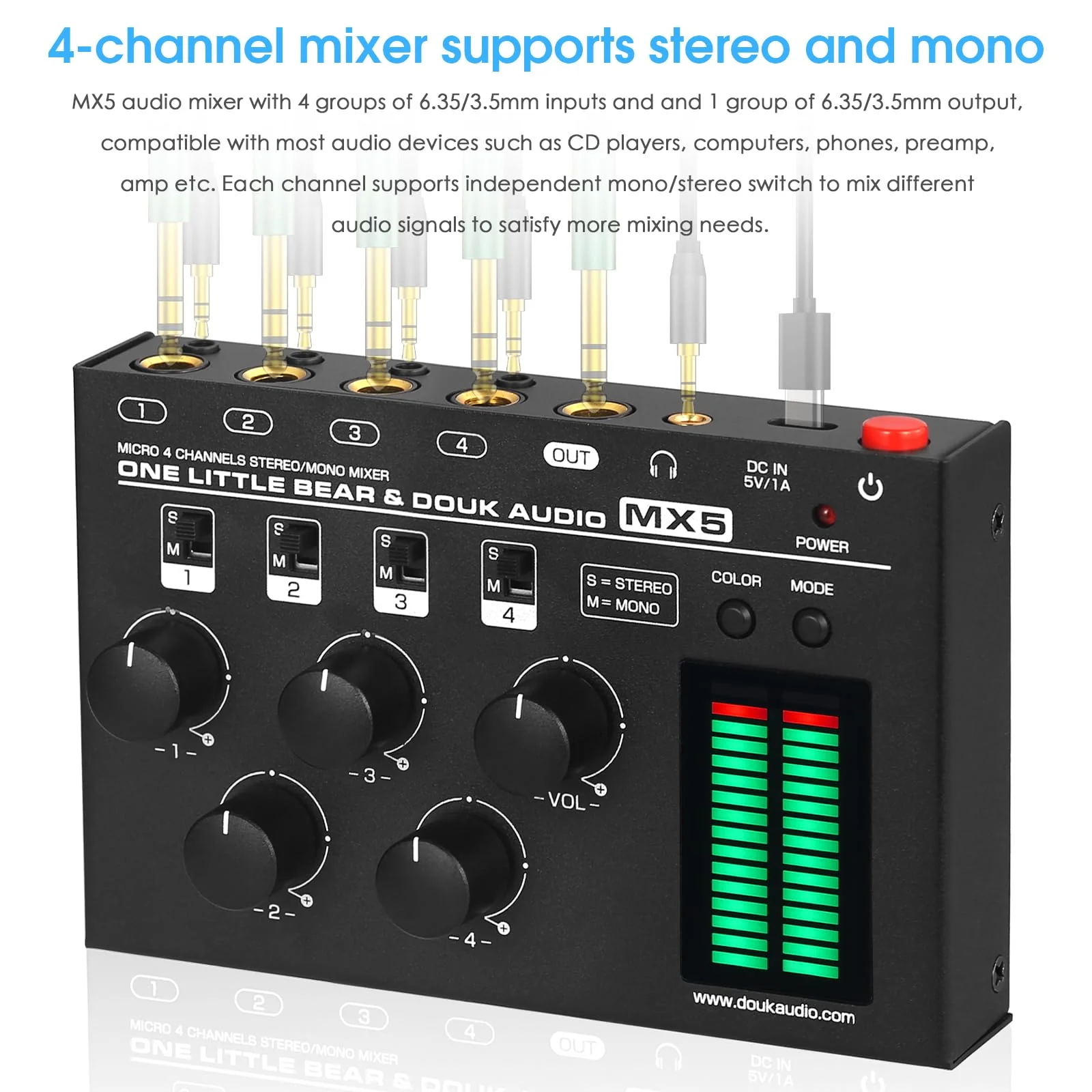 Douk Audio MX5 4 Channel Audio Mixer 4-CH Line-Mixing Mono Stereo Ultra Low-Noise LED Level Meter - Image 2