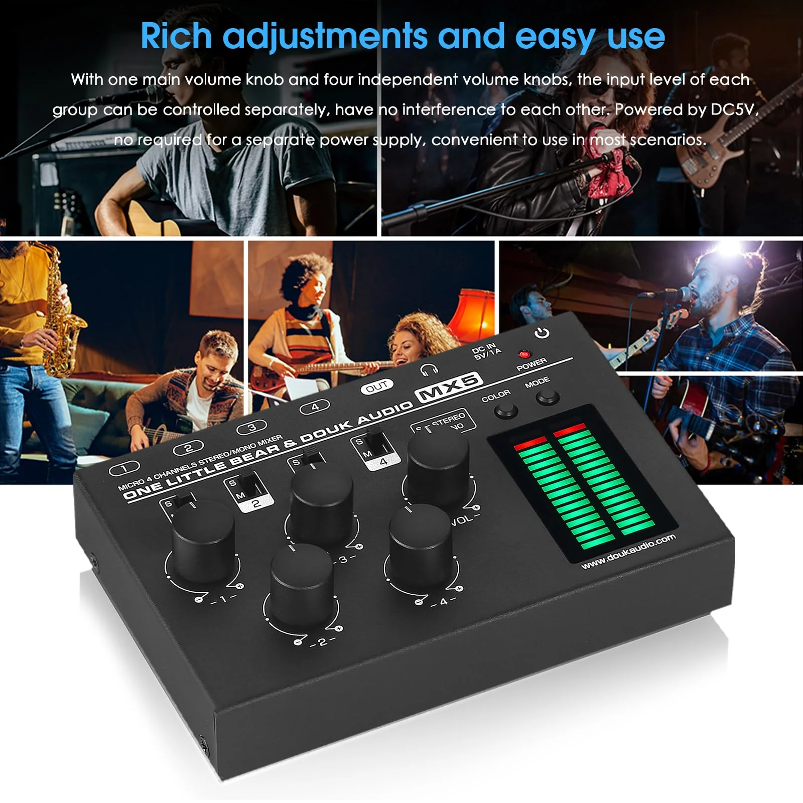 Douk Audio MX5 4 Channel Audio Mixer 4-CH Line-Mixing Mono Stereo Ultra Low-Noise LED Level Meter - Image 3