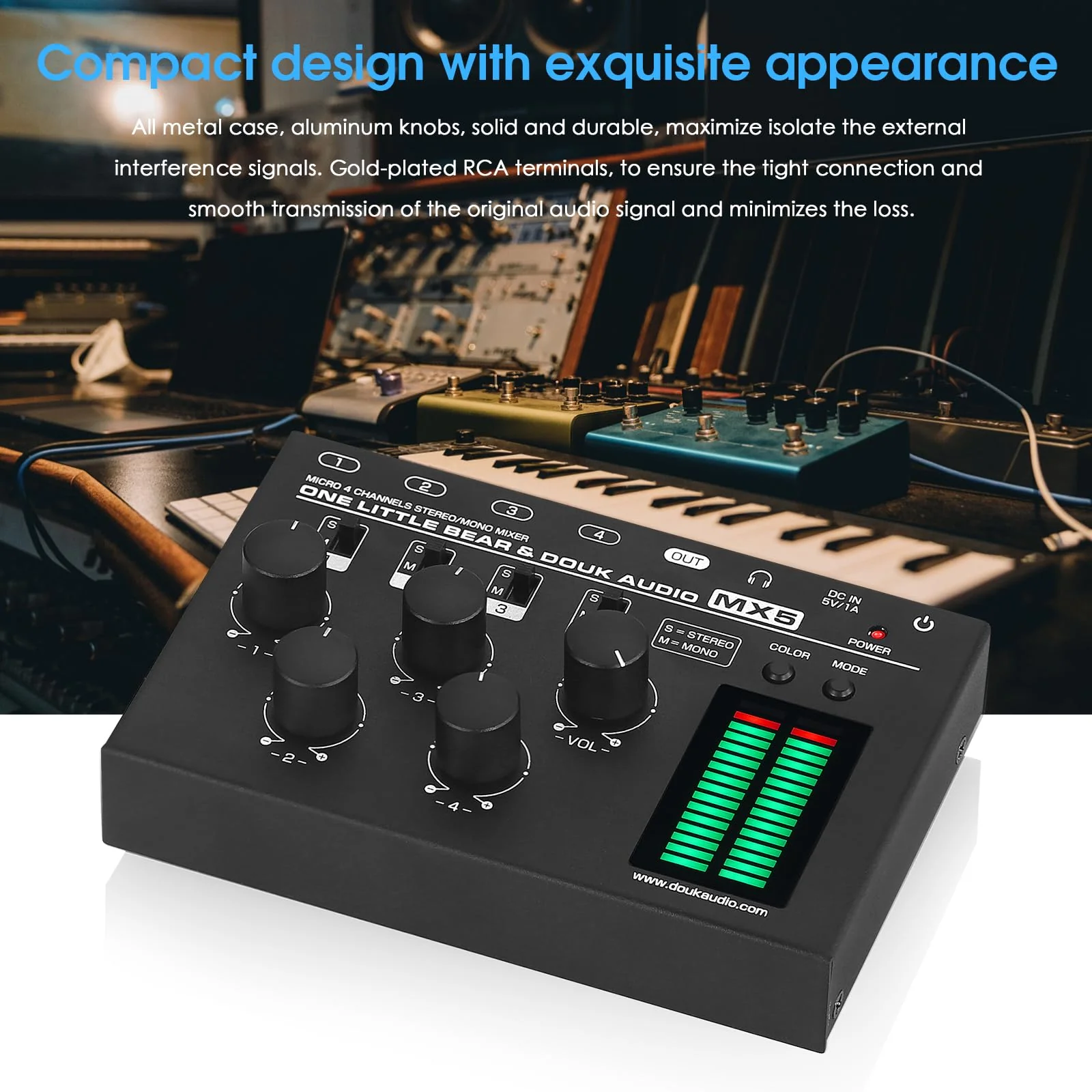 Douk Audio MX5 4 Channel Audio Mixer 4-CH Line-Mixing Mono Stereo Ultra Low-Noise LED Level Meter - Image 4