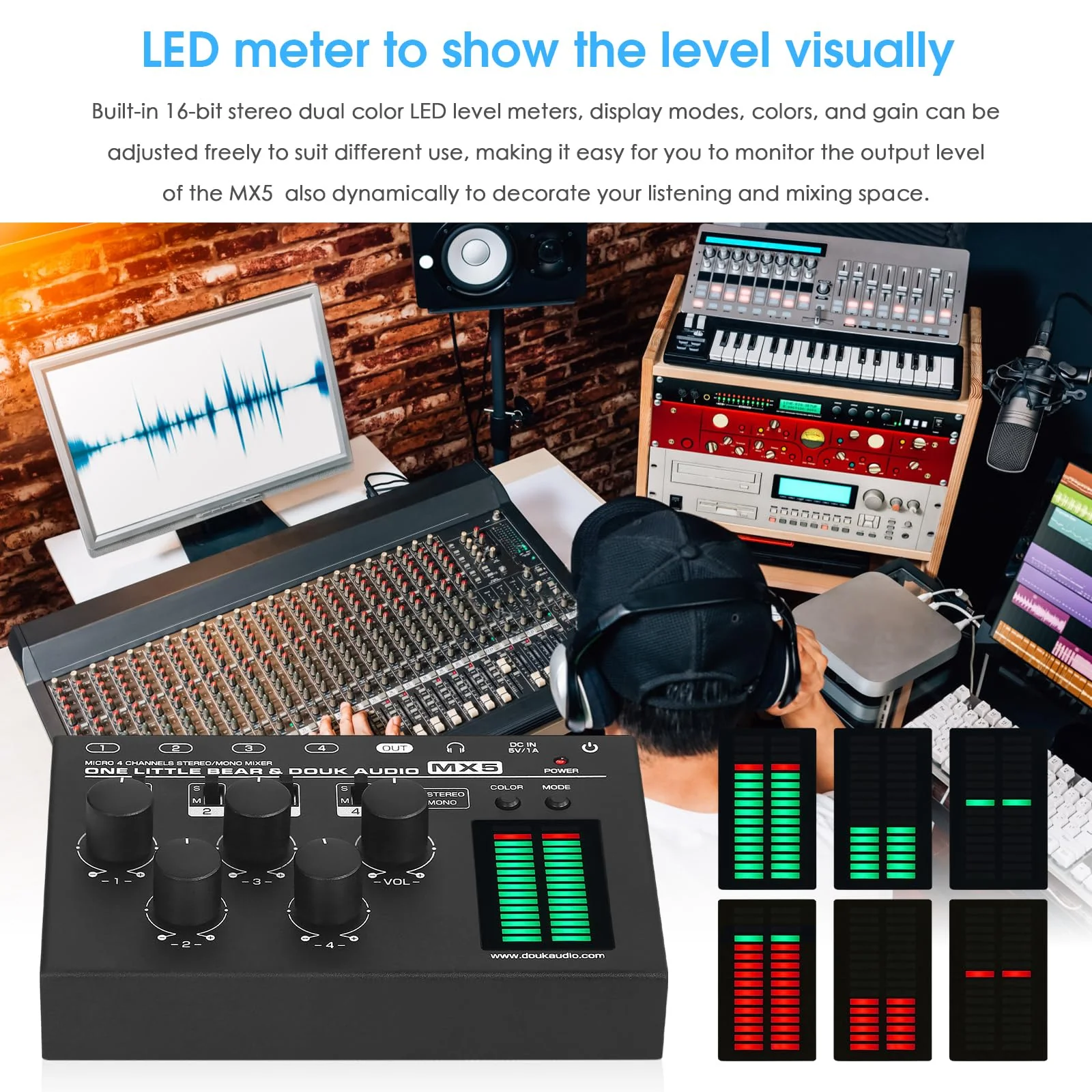 Douk Audio MX5 4 Channel Audio Mixer 4-CH Line-Mixing Mono Stereo Ultra Low-Noise LED Level Meter - Image 5