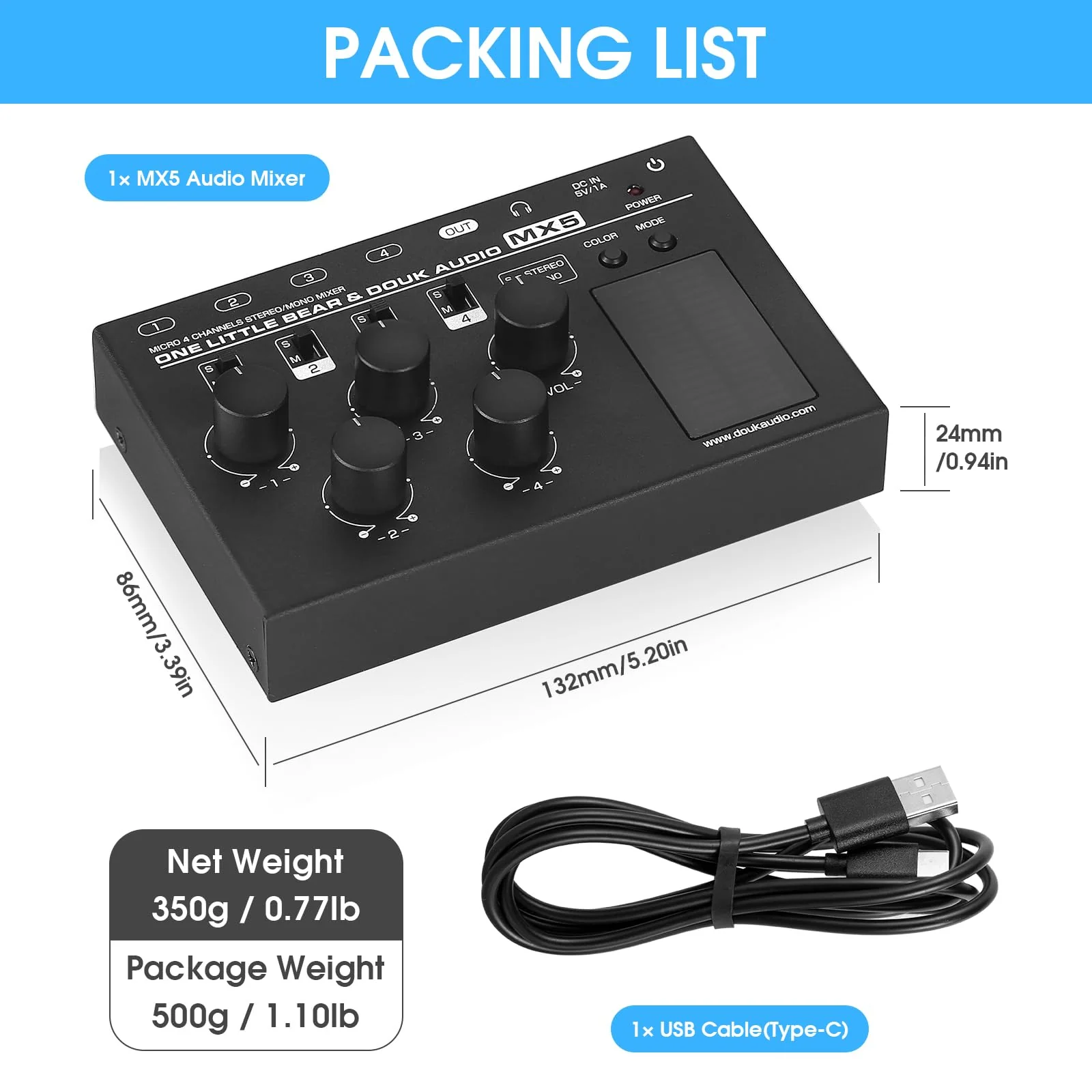 Douk Audio MX5 4 Channel Audio Mixer 4-CH Line-Mixing Mono Stereo Ultra Low-Noise LED Level Meter - Image 7