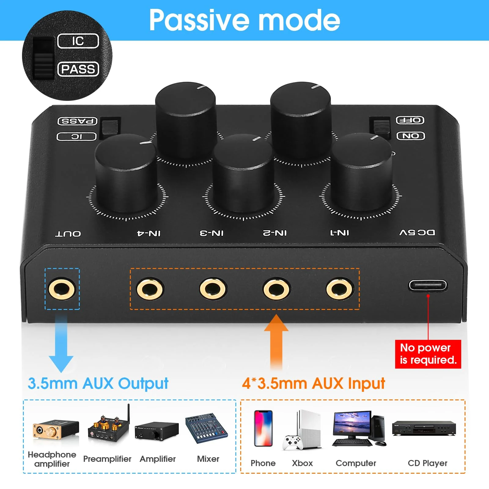 DoukAudio MC5-BX Mini Audio Mixer: 4-Channel Ultra Low-Noise Stereo Line Mixer for Home Studio Bar, Active & Passive Modes, Portable Metal Design for Musicians DJs - Image 2